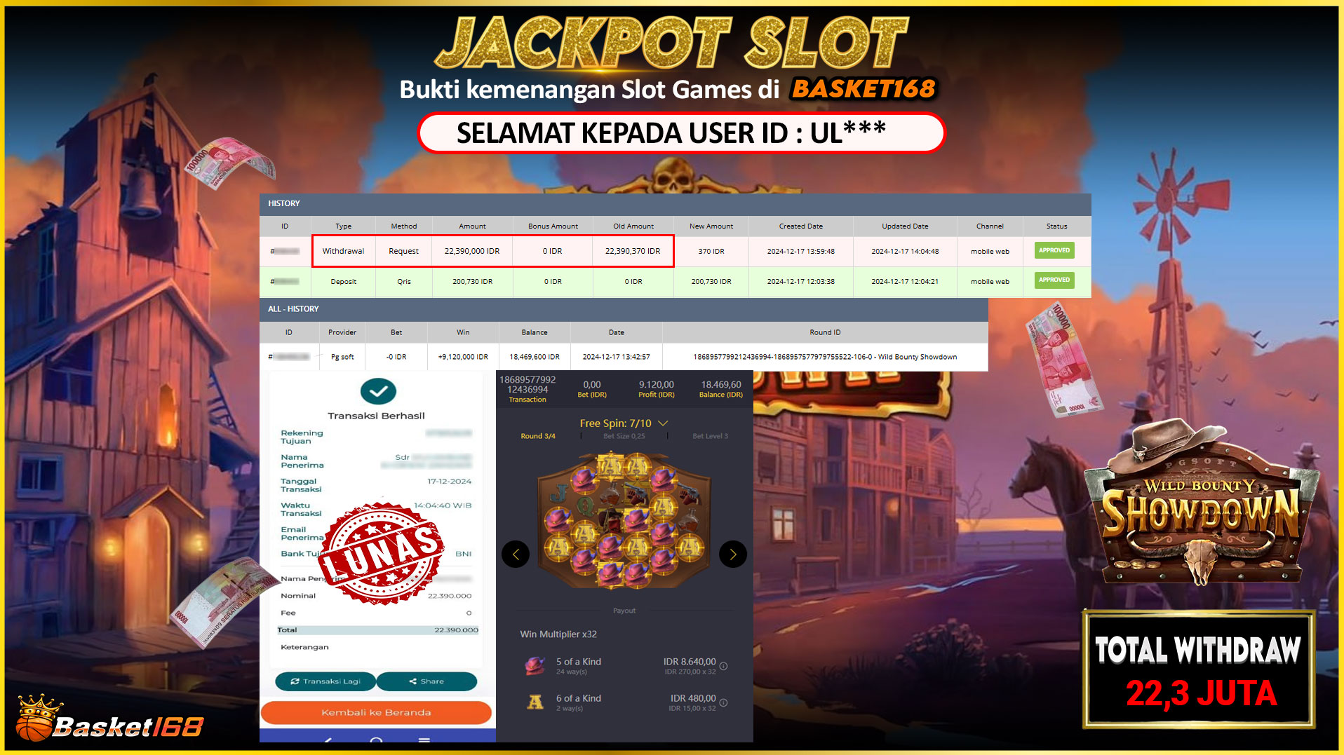BASKET168 JACKPOT SLOT WILD BOUNTY SHOWDOWN Rp.22.390.000,- LUNAS