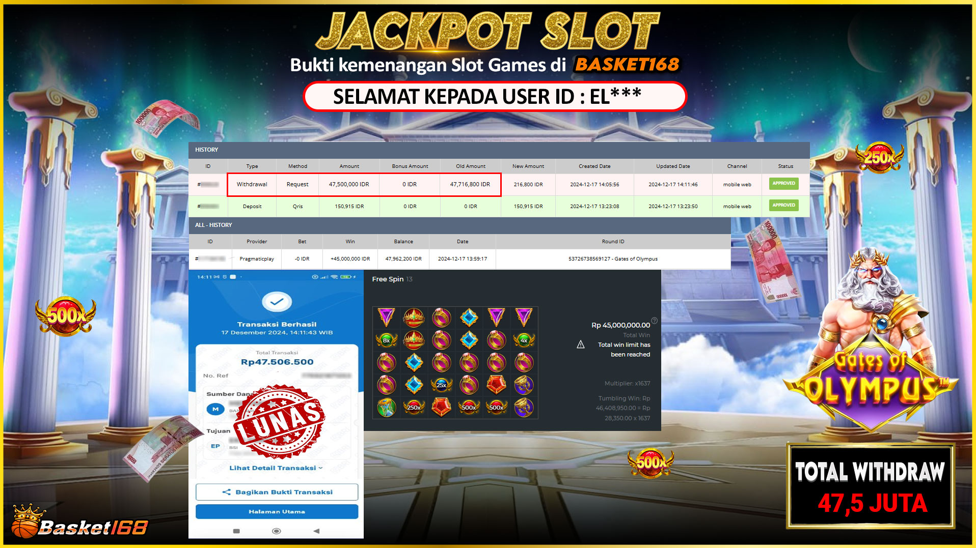 BASKET168 JACKPOT SLOT GATES OF OLYMPUS Rp.47.500.000,- LUNAS