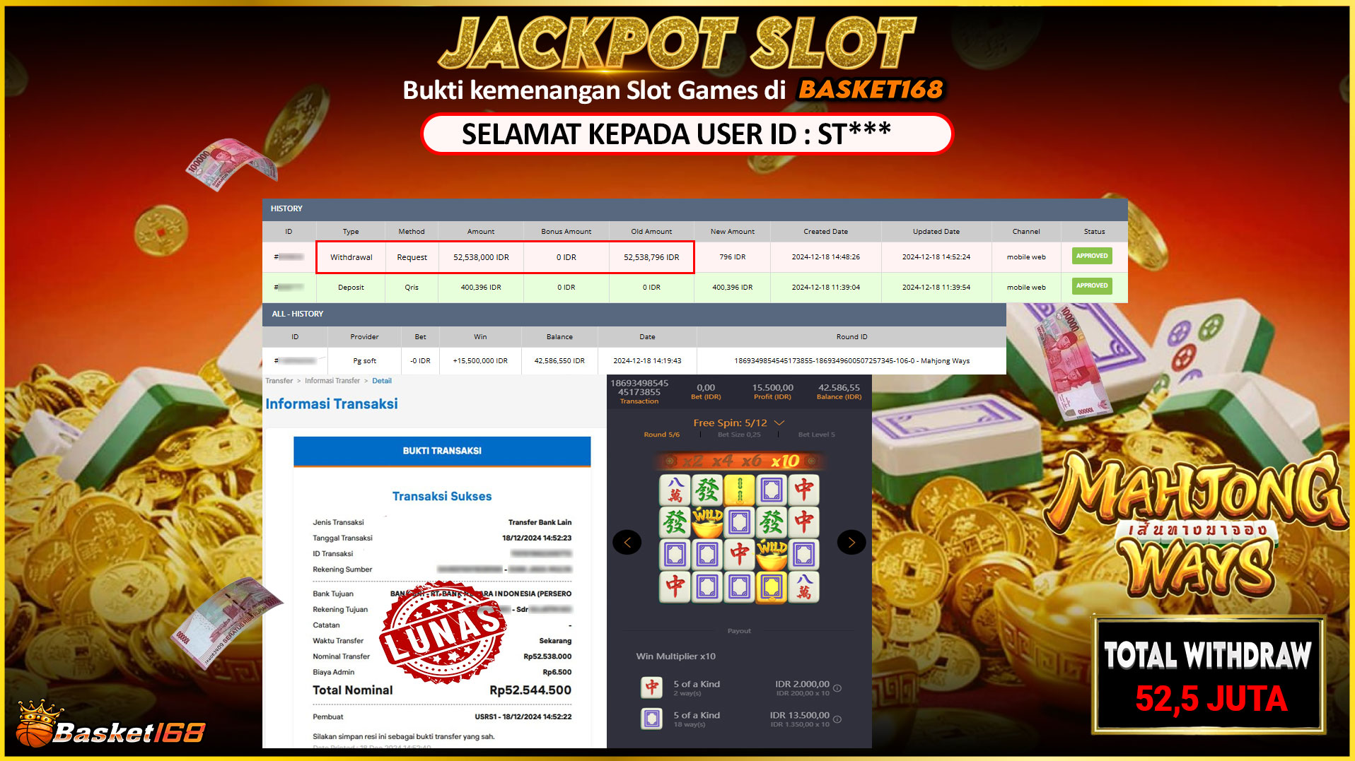 BASKET168 JACKPOT SLOT MAHJONG WAYS Rp.52.538.000,- LUNAS