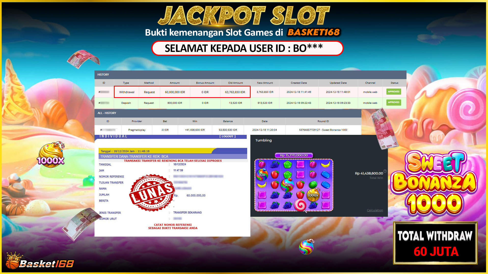 BASKET168 JACKPOT SLOT SWEET BONANZA 1000 Rp.60.000.000,- LUNAS