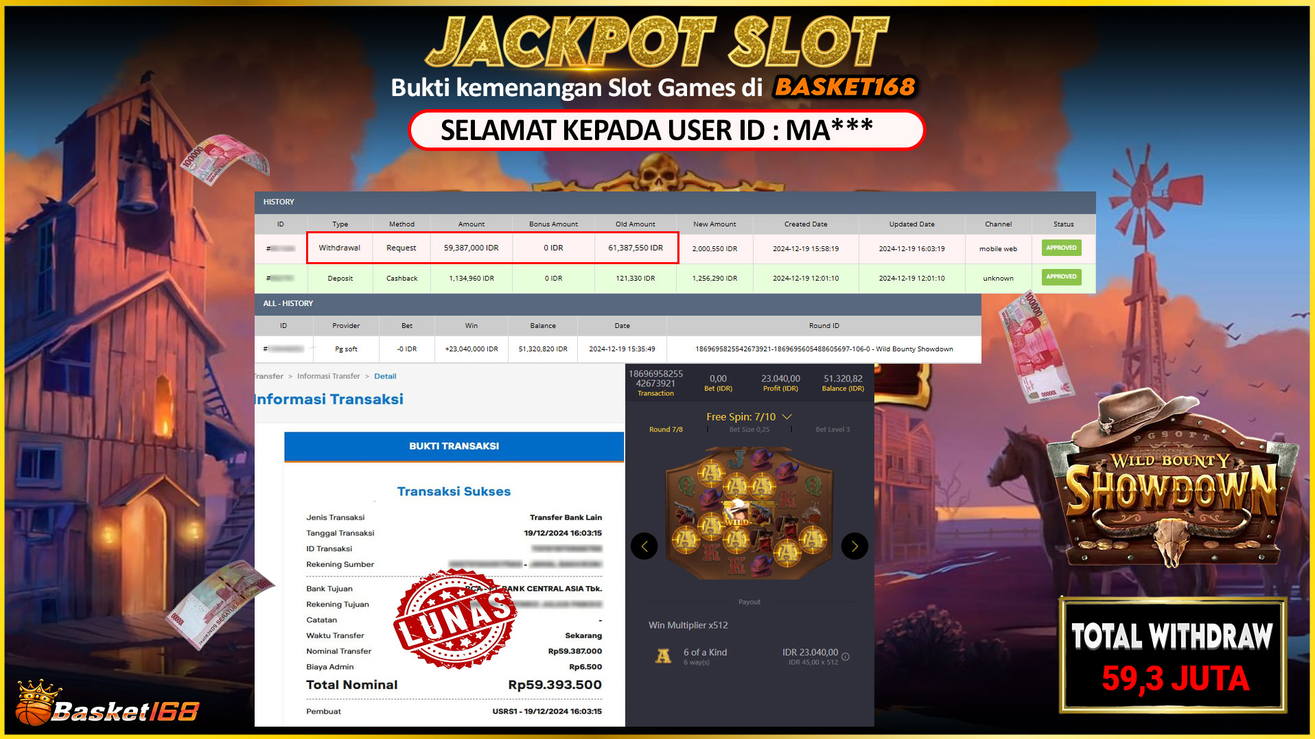 BASKET168 JACKPOT SLOT WILD BOUNTY SHOWDOWN Rp.59.387.000,- LUNAS