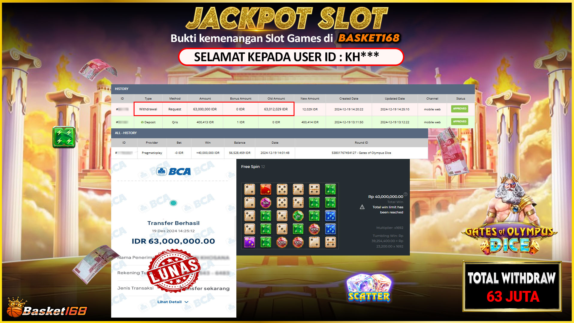 BASKET168 JACKPOT SLOT GATES OF OLYMPUS DICE Rp.63.000.000,- LUNAS