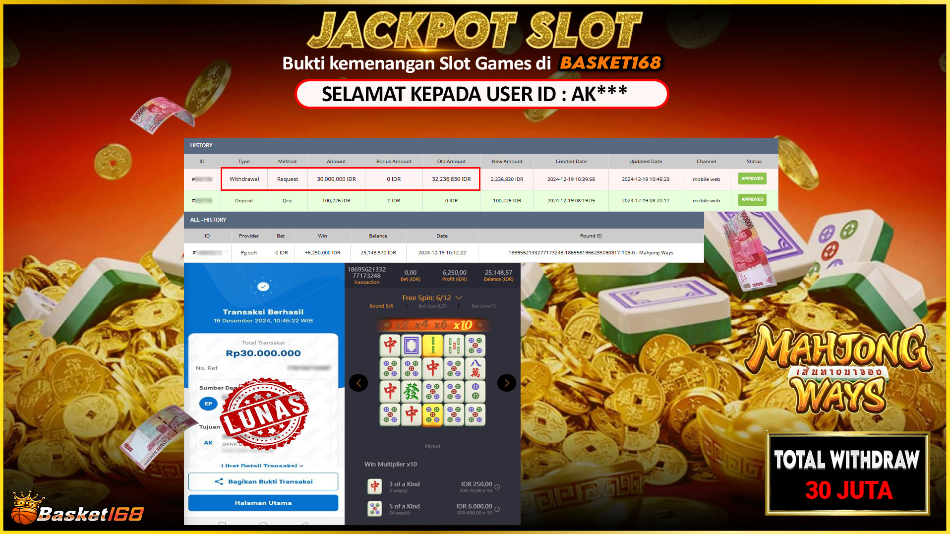 BASKET168 JACKPOT SLOT MAHJONG WAYS Rp.30.000.000,- LUNAS