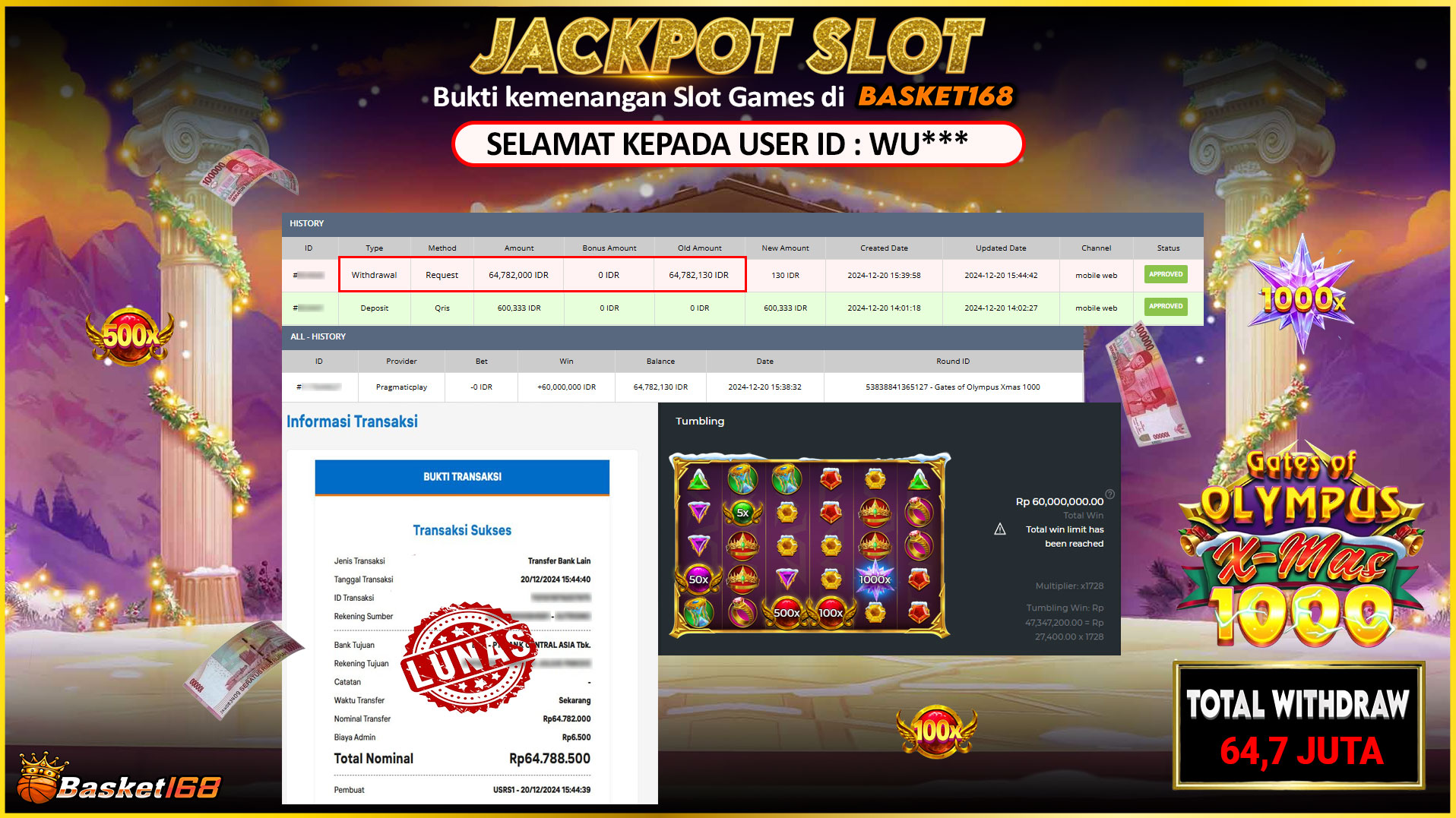 BASKET168 JACKPOT SLOT GATES OF OLYMPUS XMAS 1000 Rp.64.782.000,- LUNAS