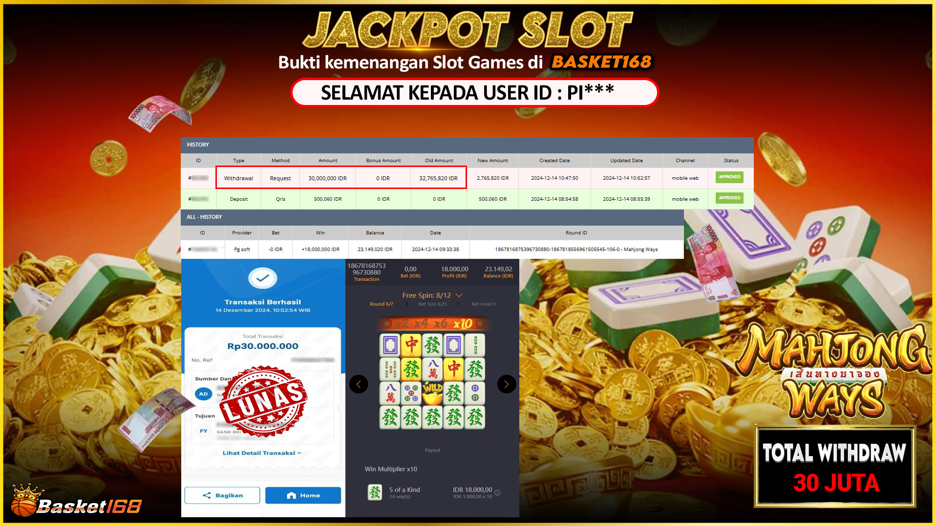 BASKET168 JACKPOT SLOT MAHJONG WAYS Rp.30.000.000,- LUNAS