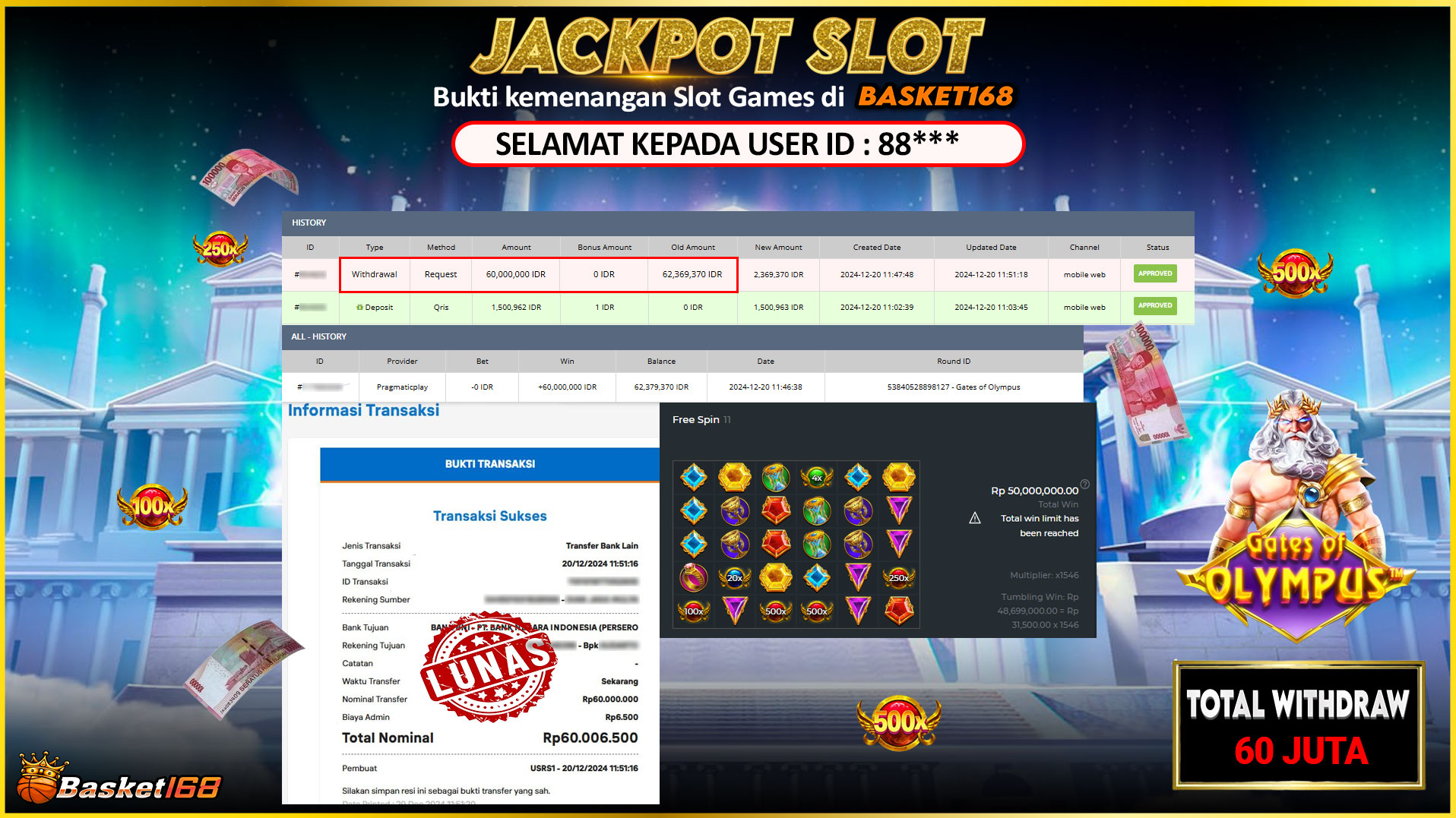BASKET168 JACKPOT SLOT GATES OF OLYMPUS Rp.60.000.000,- LUNAS
