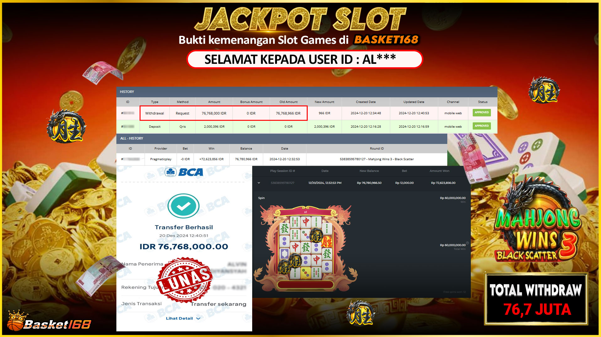 BASKET168 JACKPOT SLOT MAHJONG WINS 3 BLACK SCATTER Rp.76.768.000,- LUNAS