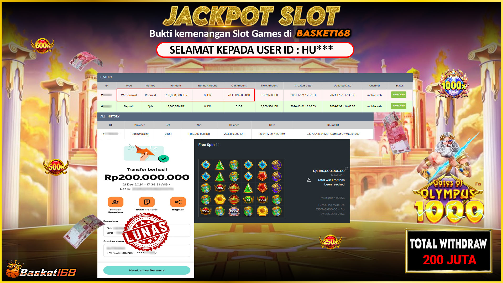BASKET168 JACKPOT SLOT GATES OF OLYMPUS 1000 Rp.200.000.000,- LUNAS