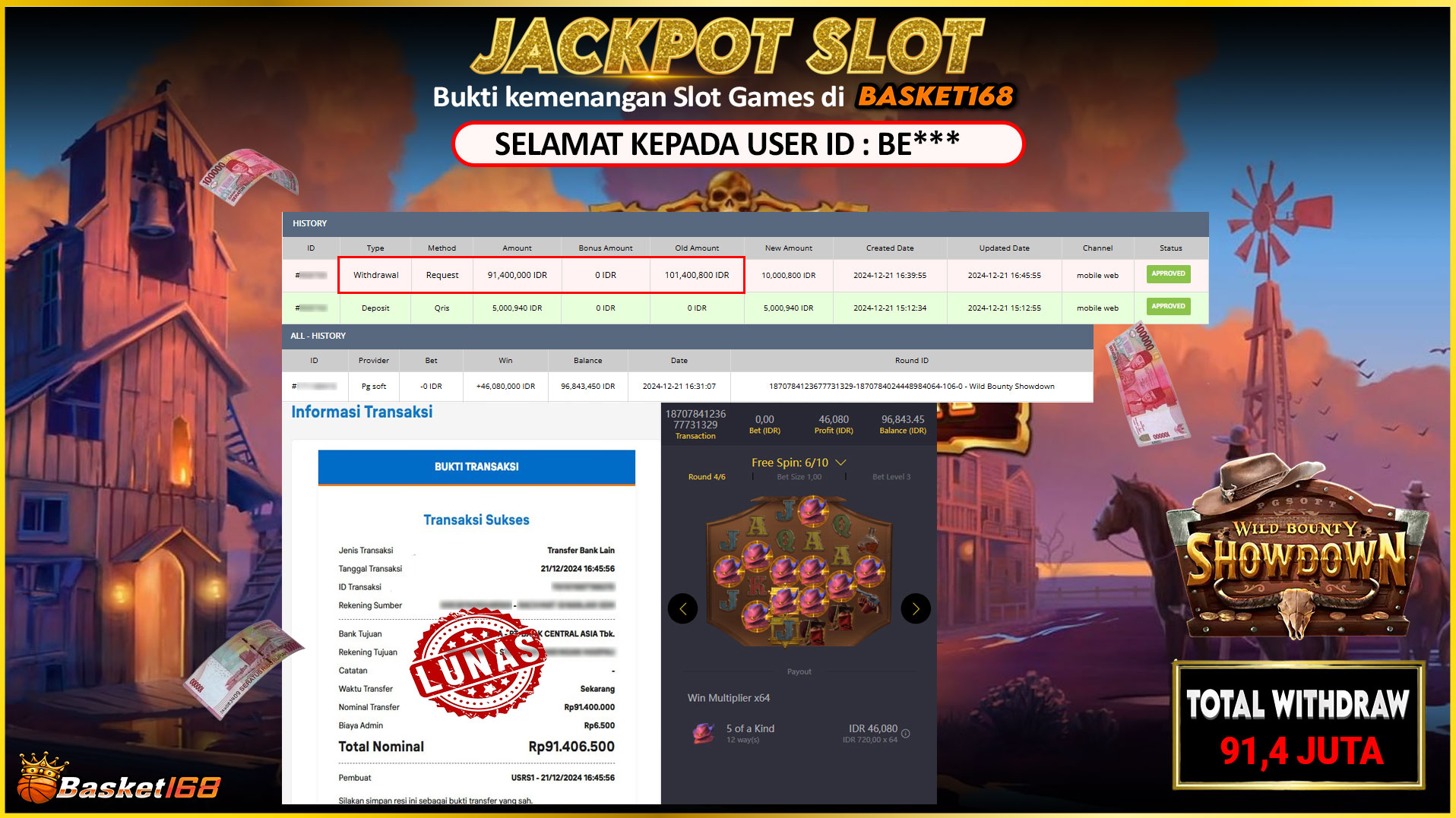 BASKET168 JACKPOT SLOT WILD BOUNTY SHOWDOWN Rp.91.400.000,- LUNAS