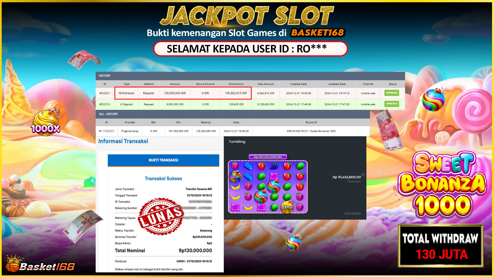 BASKET168 JACKPOT SLOT SWEET BONANZA 1000 Rp.130.000.000,- LUNAS