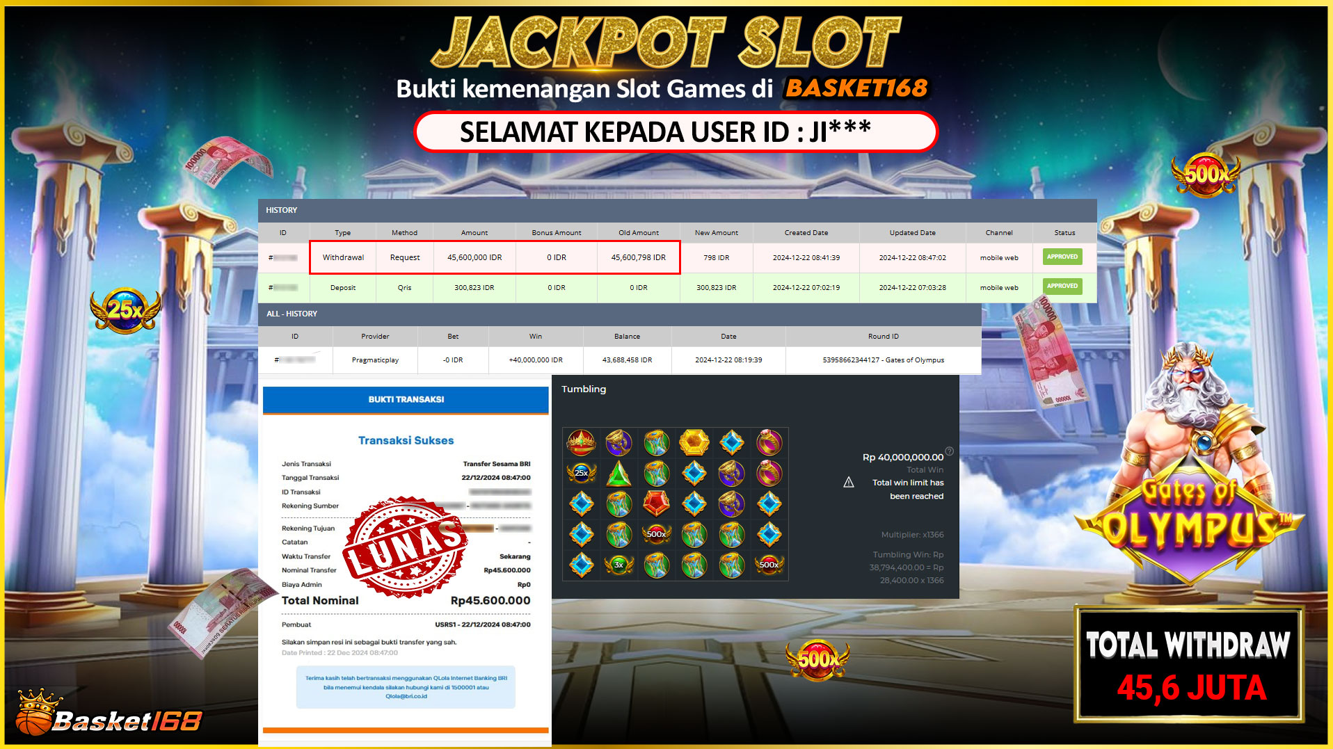 BASKET168 JACKPOT SLOT GATES OF OLYMPUS Rp.45.600.000,- LUNAS