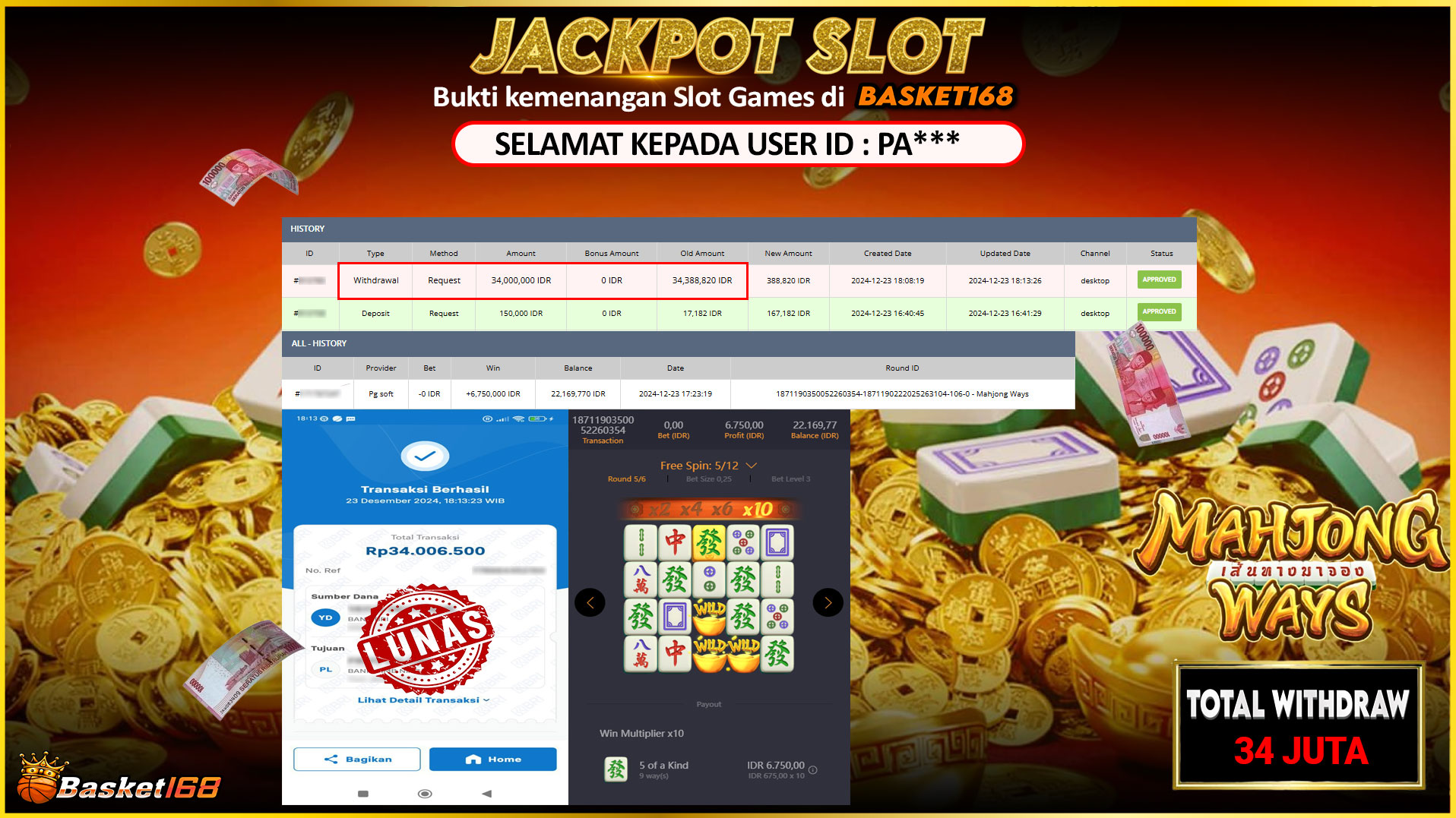 BASKET168 JACKPOT SLOT MAHJONG WAYS Rp.34.000.000,- LUNAS
