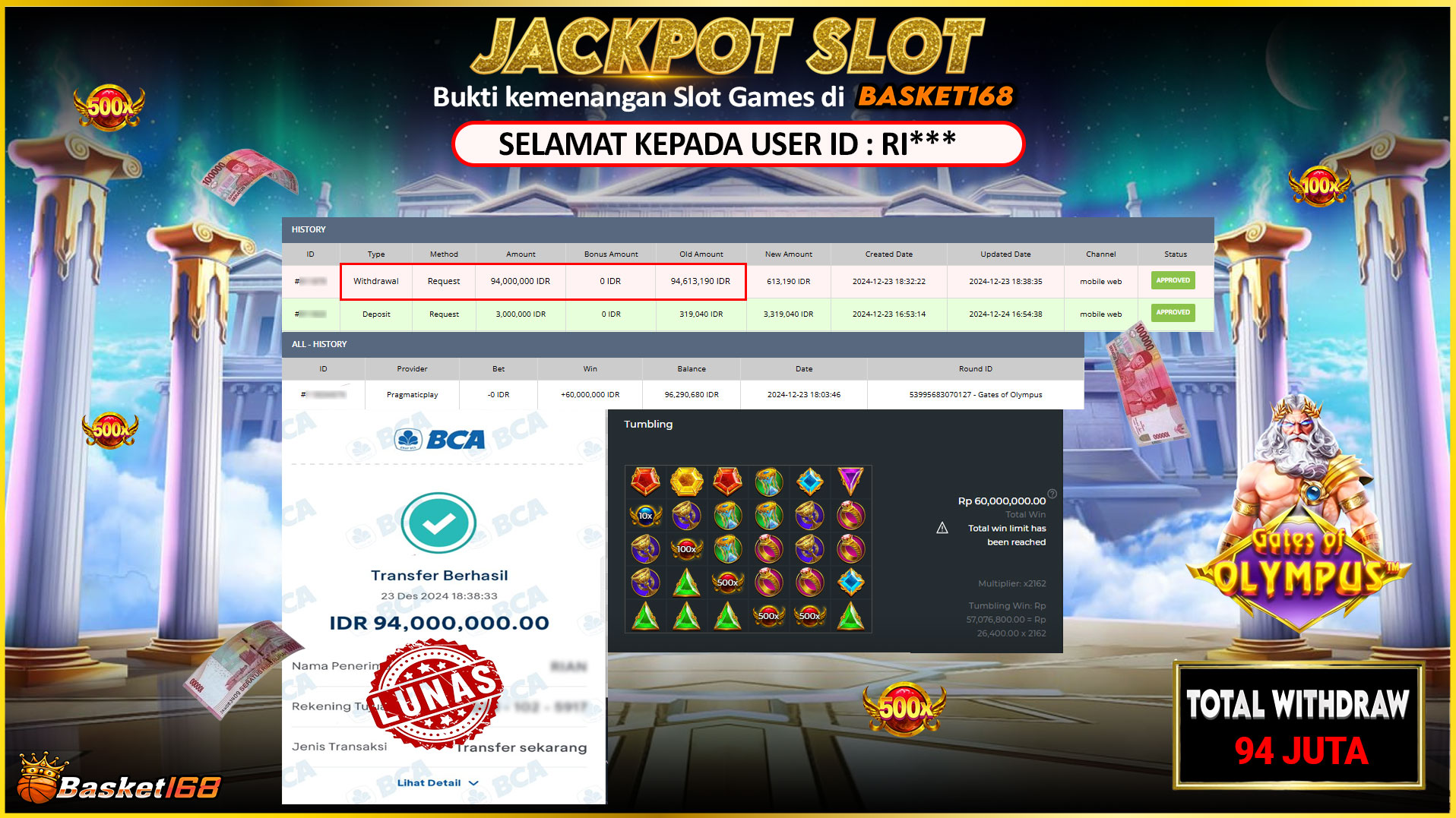 BASKET168 JACKPOT SLOT GATES OF OLYMPUS Rp.94.000.000,- LUNAS