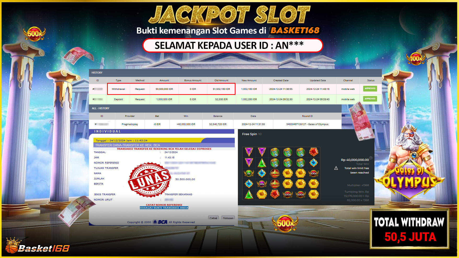 BASKET168 JACKPOT SLOT GATES OF OLYMPUS Rp.50.500.000,- LUNAS