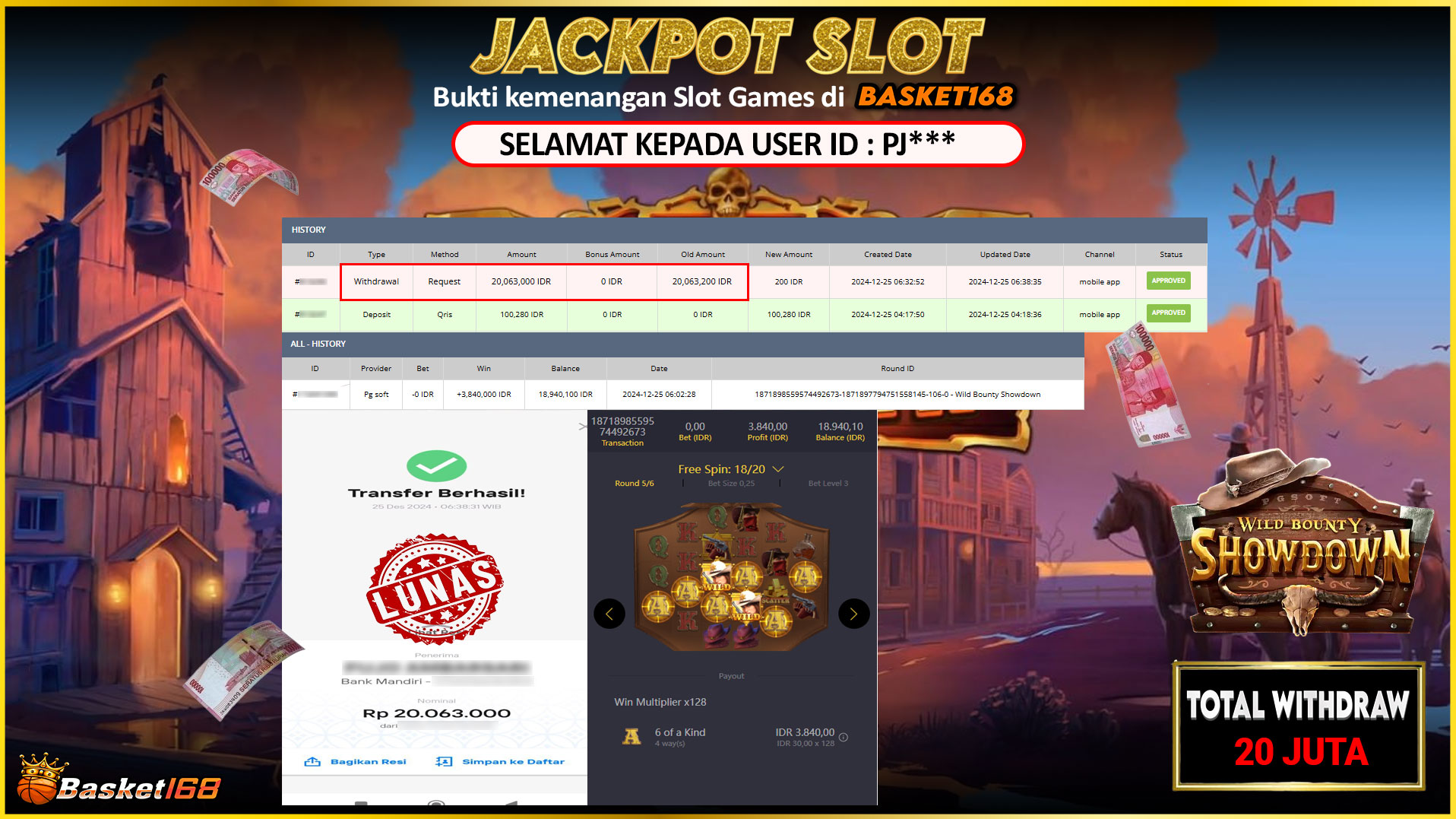 BASKET168 JACKPOT SLOT WILD BOUNTY SHOWDOWN Rp.20.063.000,- LUNAS