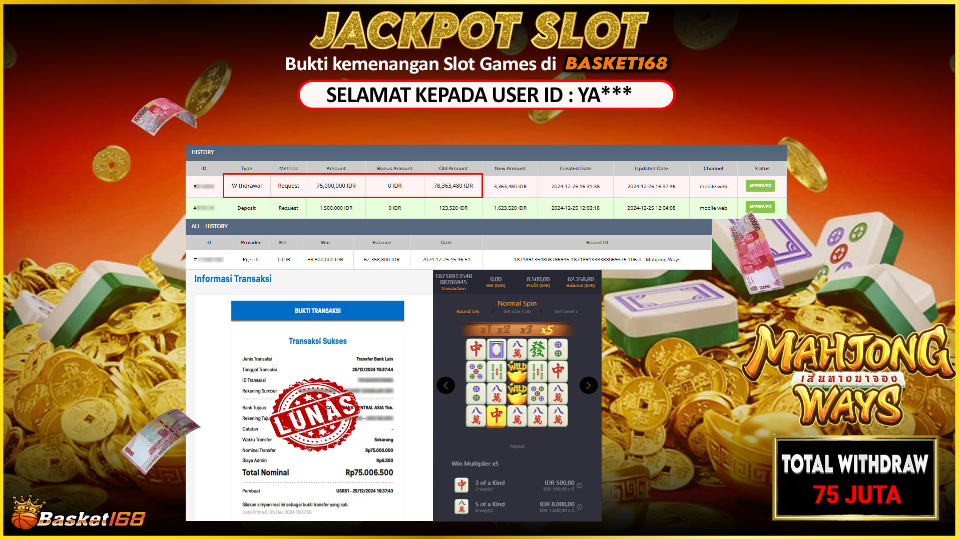 BASKET168 JACKPOT SLOT MAHJONG WAYS Rp.75.000.000,- LUNAS