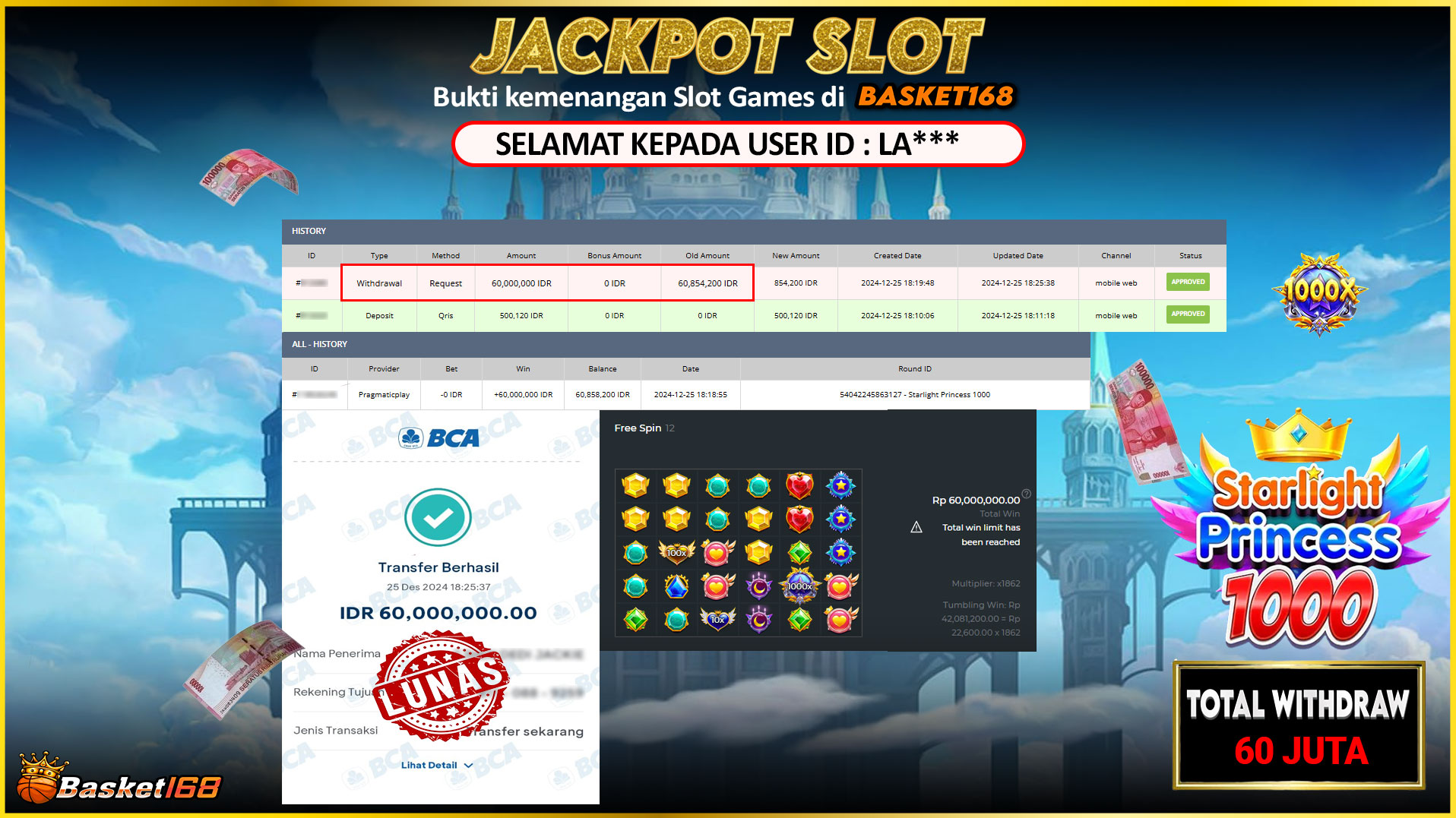 BASKET168 JACKPOT SLOT STARLIGHT PRINCESS 1000 Rp.60.000.000,- LUNAS
