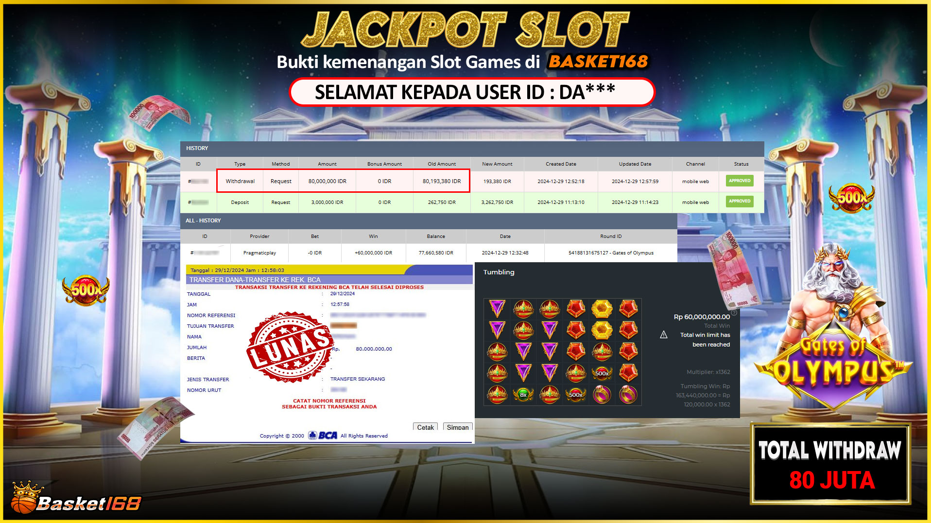BASKET168 JACKPOT SLOT GATES OF OLYMPUS Rp.80.000.000,- LUNAS
