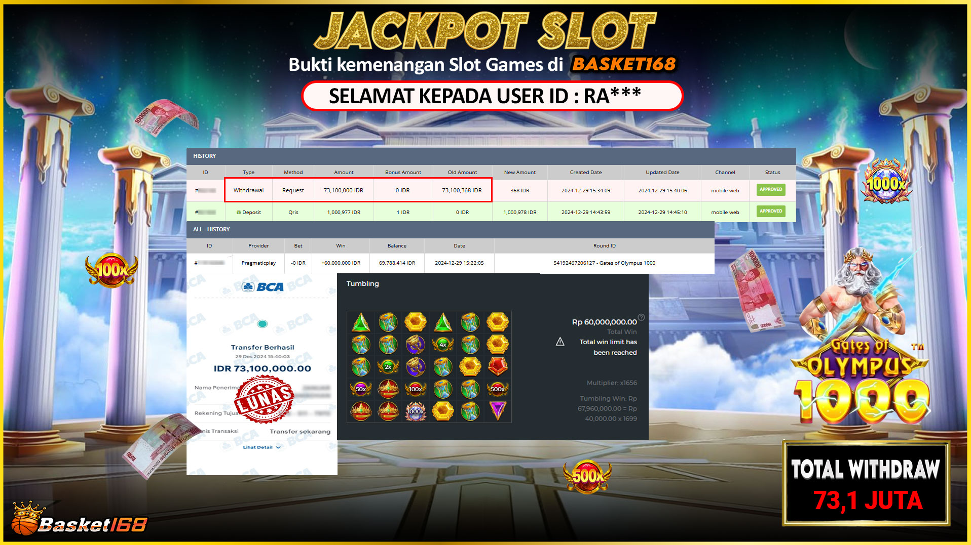 BASKET168 JACKPOT SLOT GATES OF OLYMPUS 1000 Rp.73.100.000,- LUNAS
