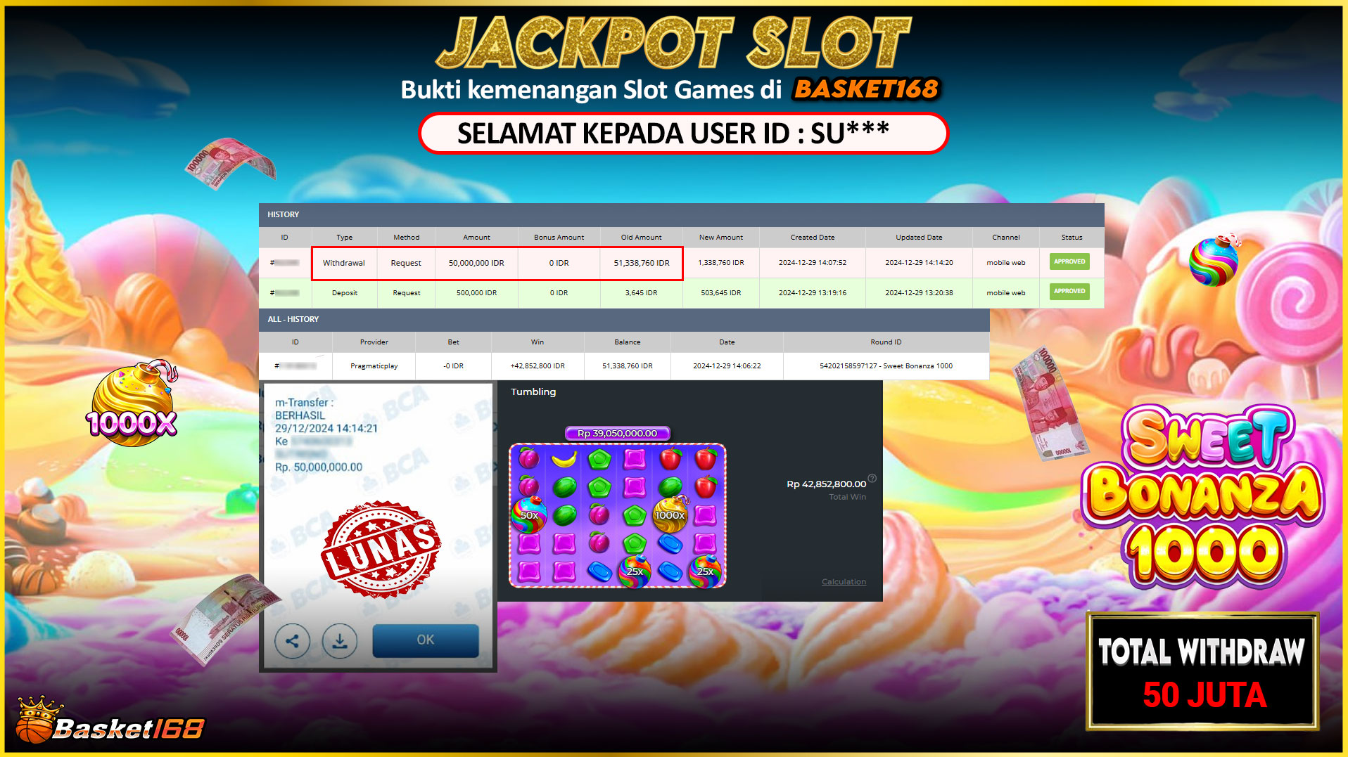BASKET168 JACKPOT SLOT SWEET BONANZA 1000 Rp.50.000.000,- LUNAS