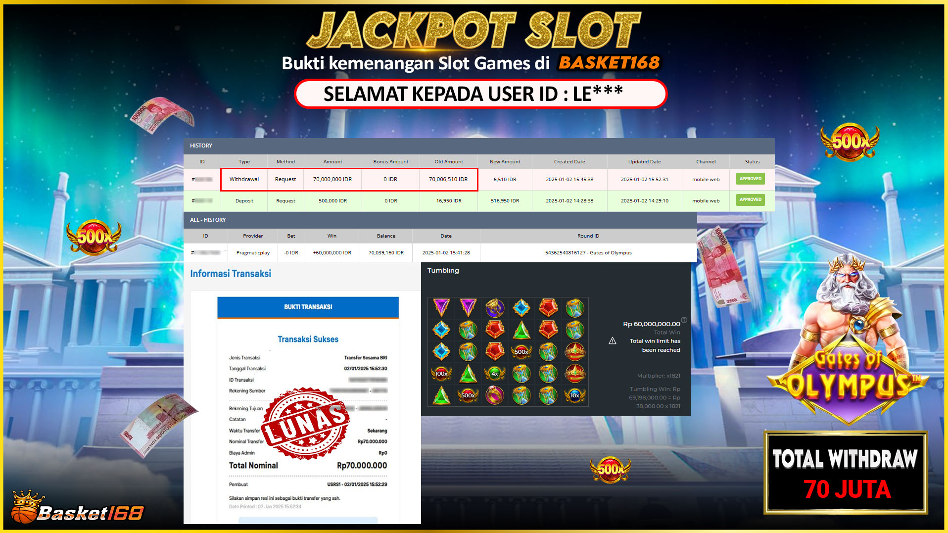 BASKET168 JACKPOT SLOT GATES OF OLYMPUS Rp.70.000.000,- LUNAS