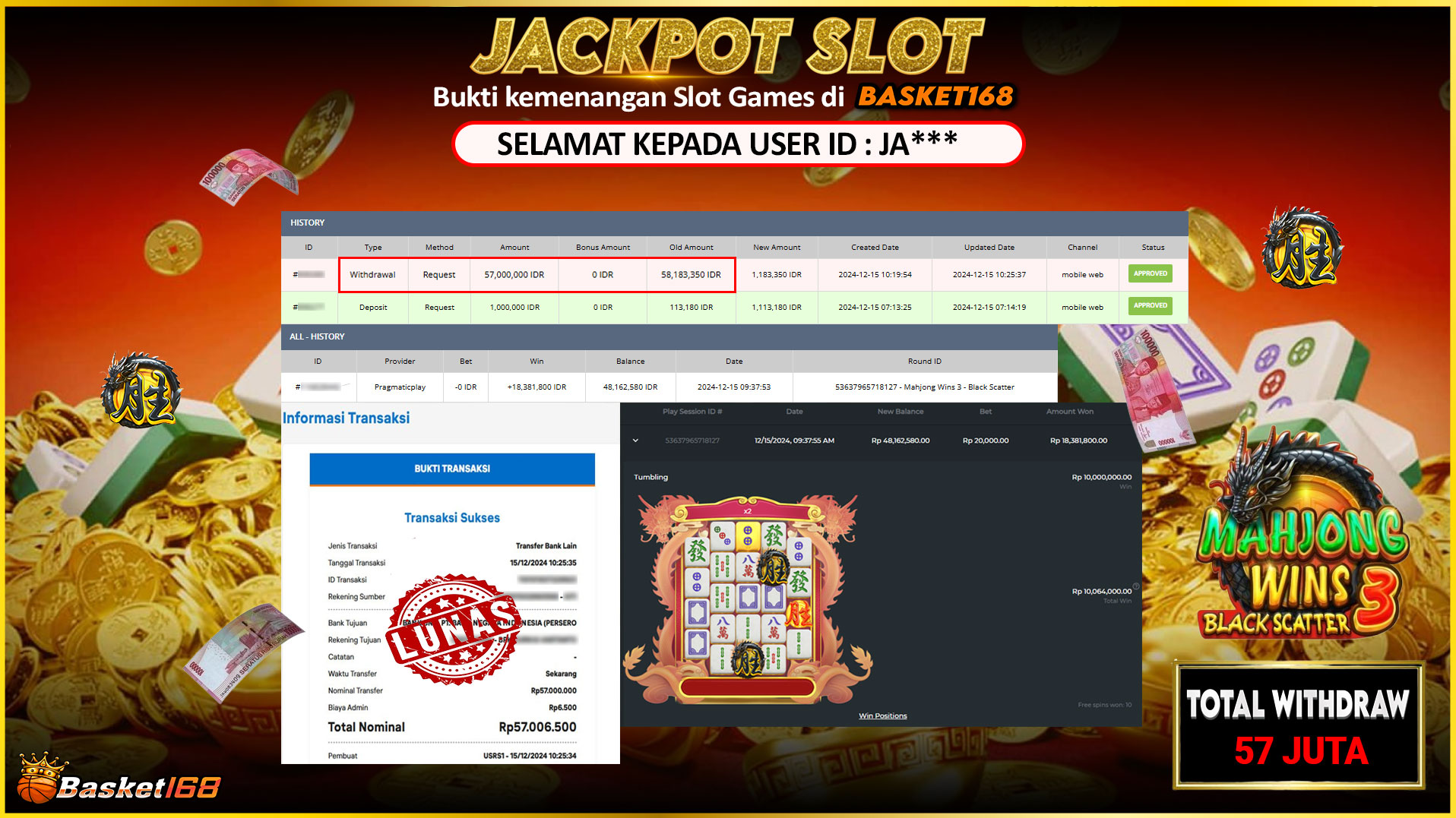 BASKET168 JACKPOT SLOT MAHJONG WINS 3 BLACK SCATTER Rp.57.000.000,- LUNAS