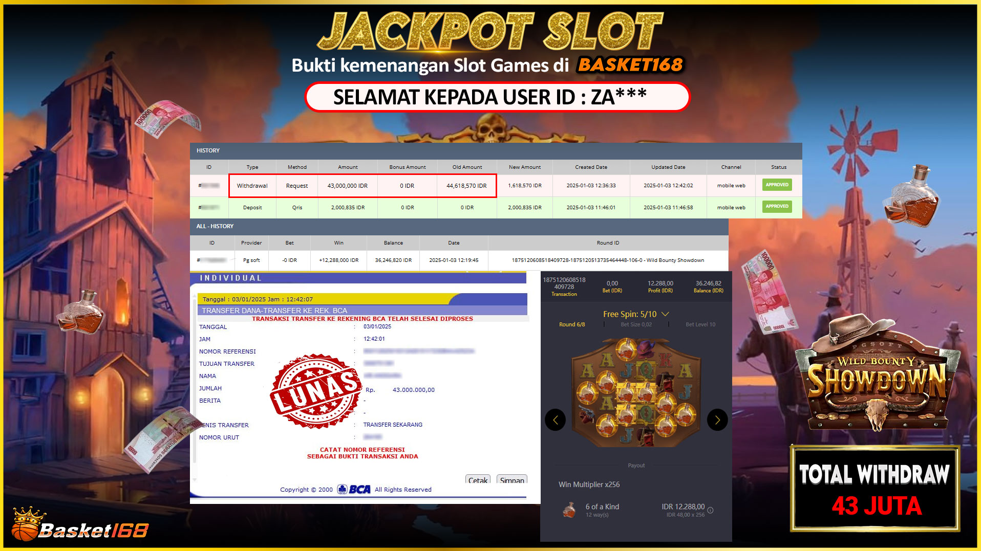BASKET168 JACKPOT SLOT WILD BOUNTY SHOWDOWN Rp.43.000.000,- LUNAS