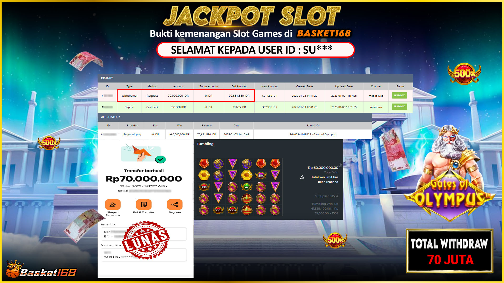 BASKET168 JACKPOT SLOT GATES OF OLYMPUS Rp.70.000.000,- LUNAS