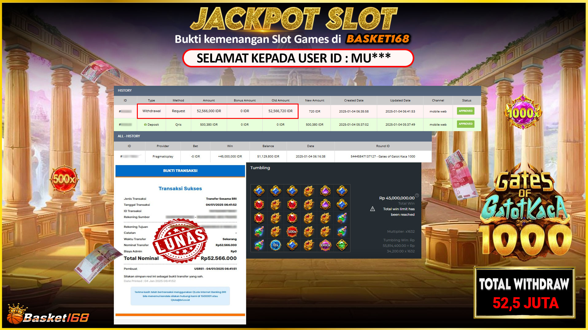 BASKET168 JACKPOT SLOT GATES OF GATOT KACA 1000 Rp.52.566.000,- LUNAS