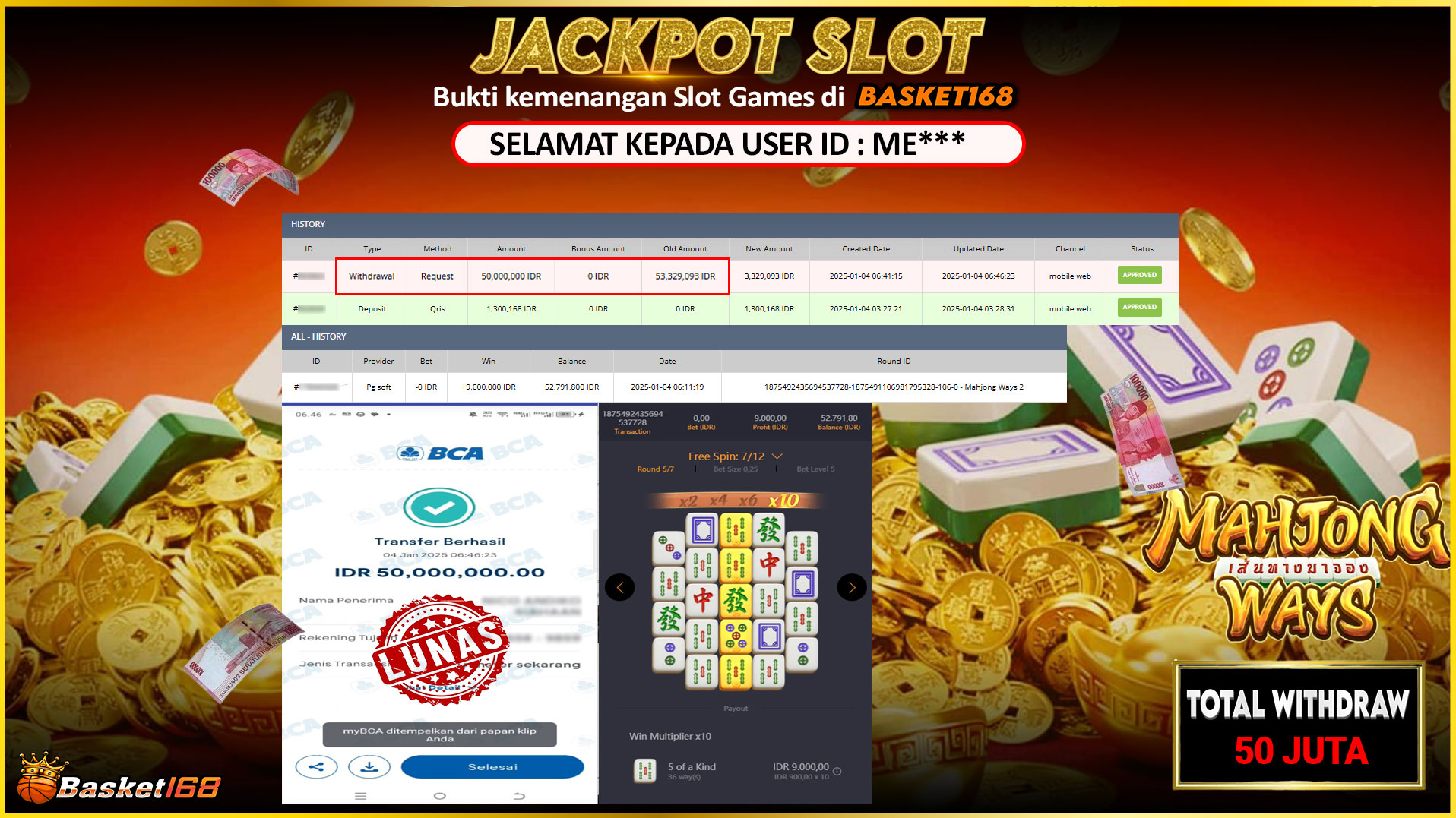 BASKET168 JACKPOT SLOT MAHJONG WAYS Rp.50.000.000,- LUNAS