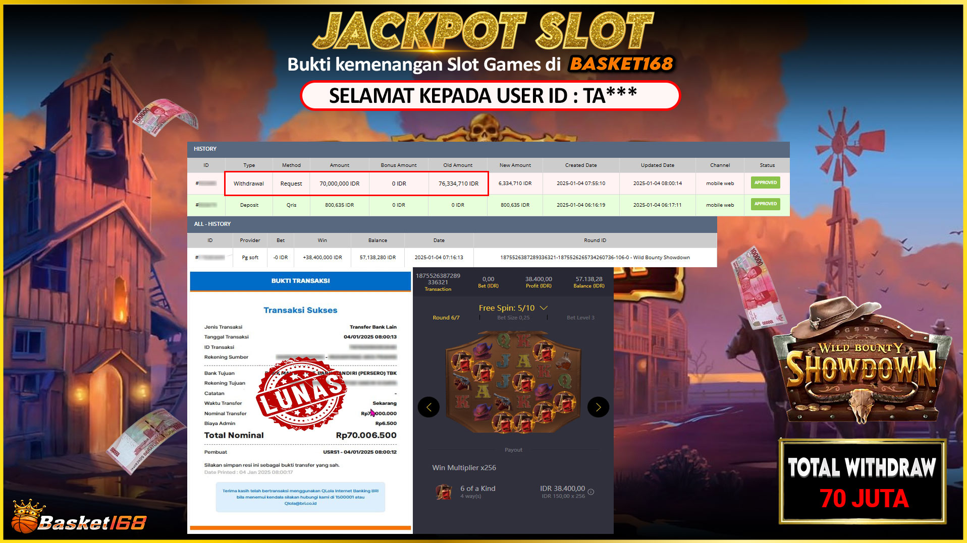 BASKET168 JACKPOT SLOT WILD BOUNTY SHOWDOWN Rp.70.000.000,- LUNAS