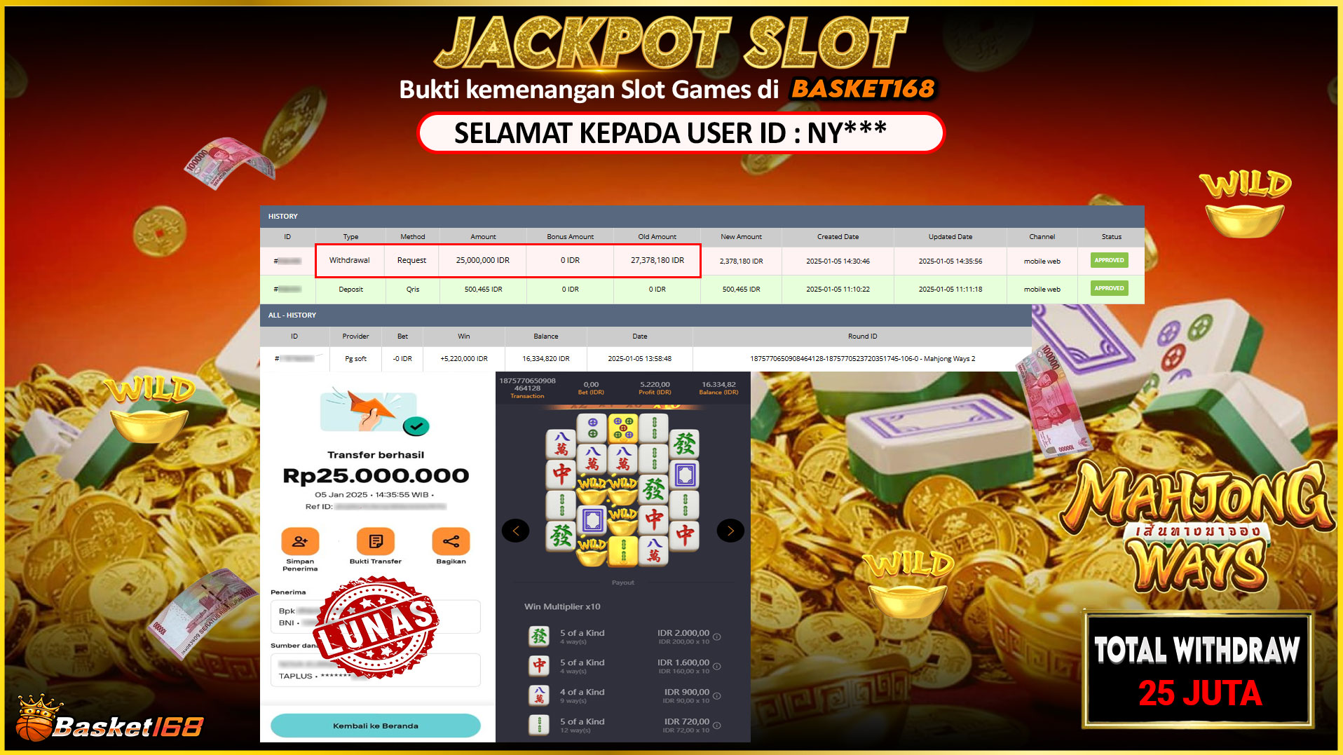 BASKET168 JACKPOT SLOT MAHJONG WAYS Rp.25.000.000,- LUNAS