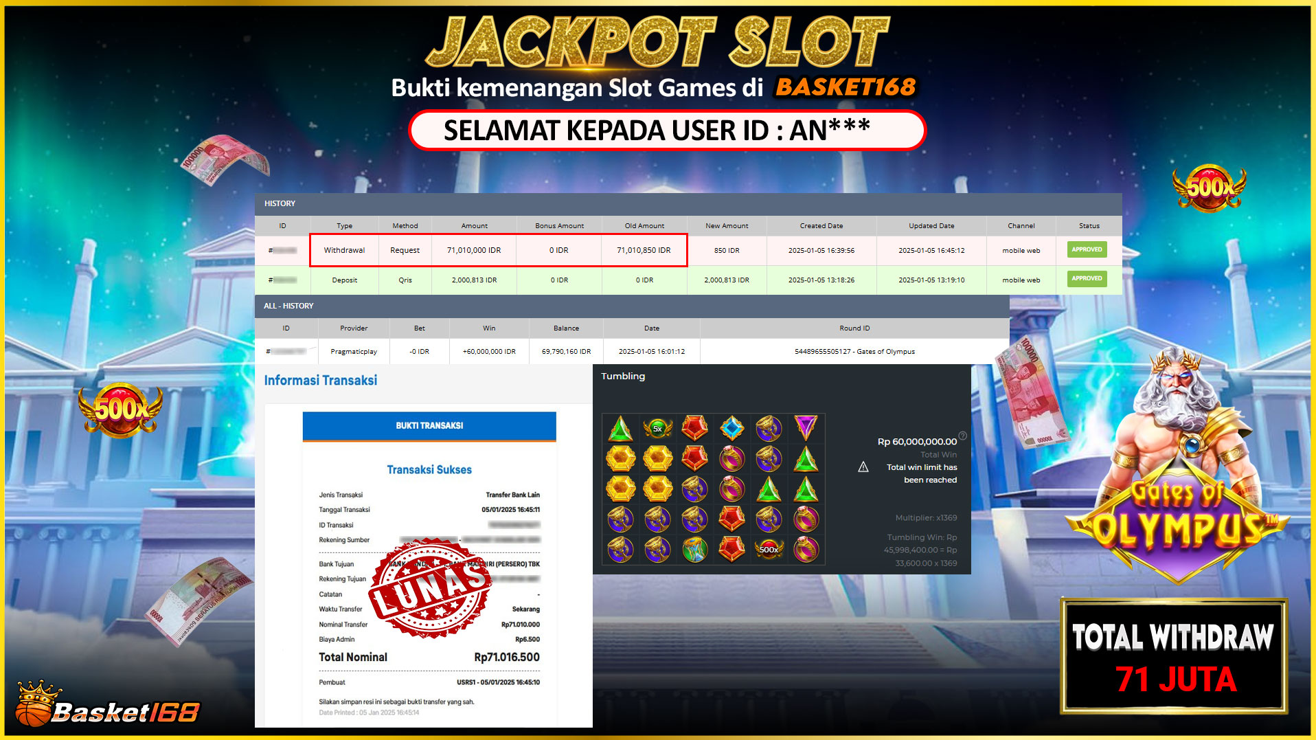 BASKET168 JACKPOT SLOT GATES OF OLYMPUS Rp.71.010.000,- LUNAS