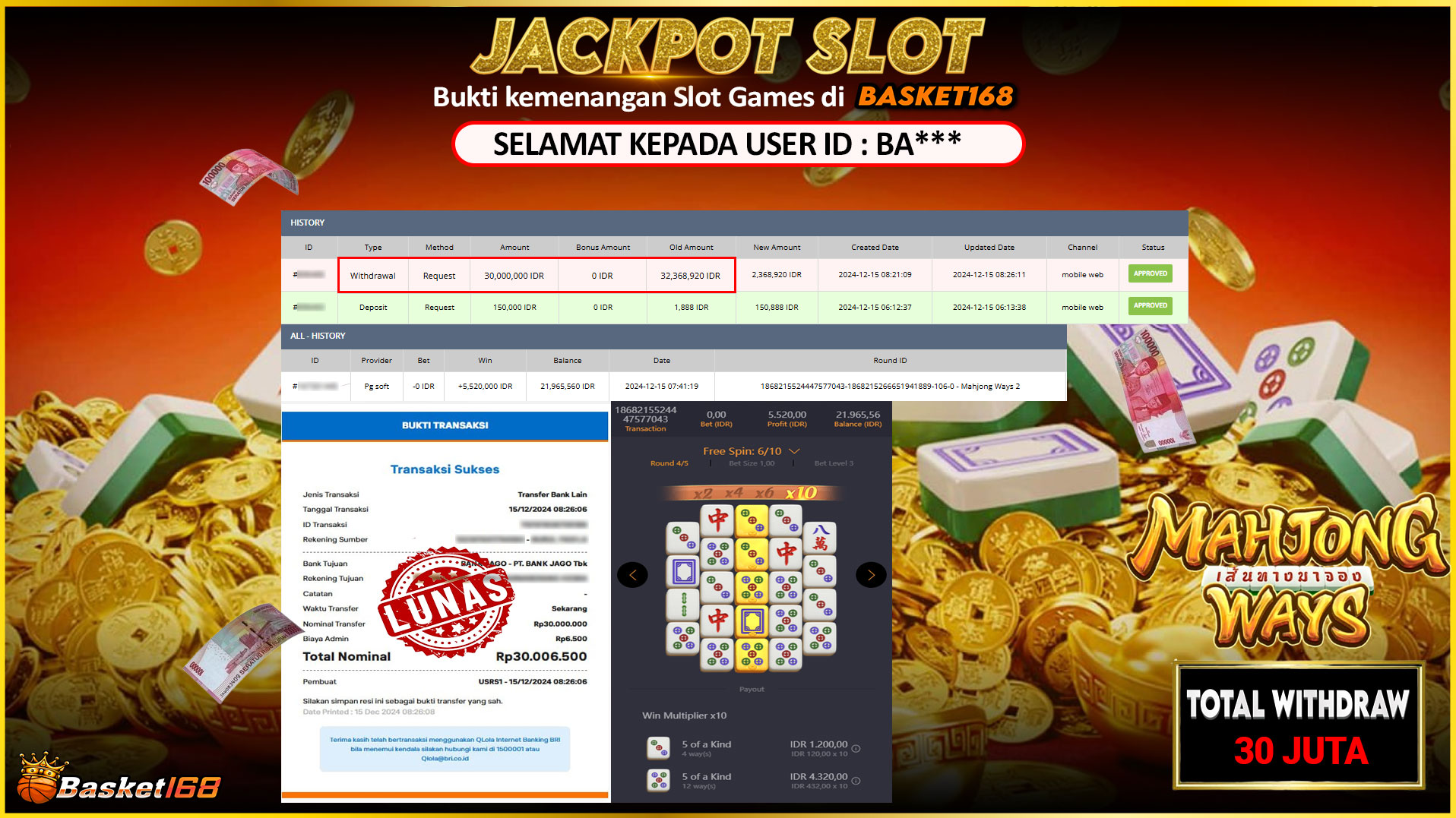 BASKET168 JACKPOT SLOT MAHJONG WAYS Rp.30.000.000,- LUNAS