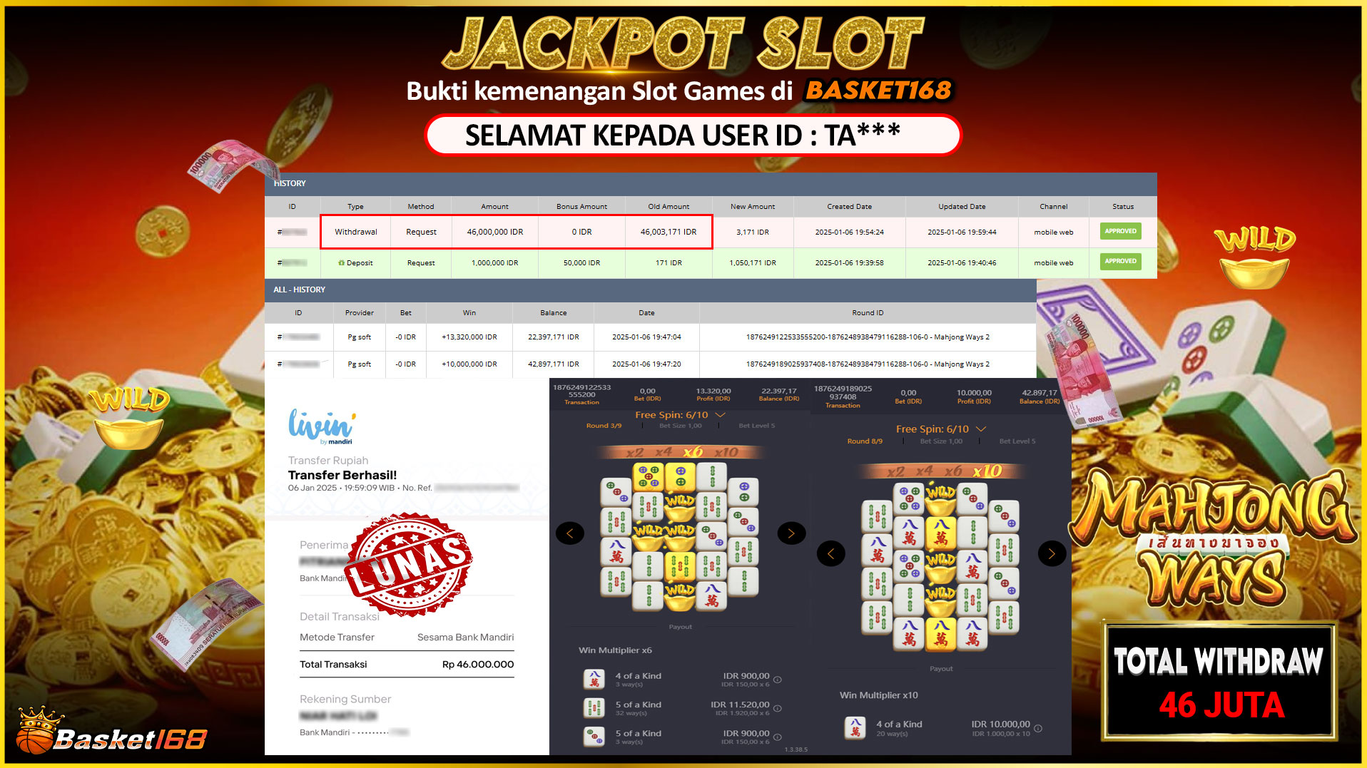 BASKET168 JACKPOT SLOT MAHJONG WAYS Rp.46.000.000,- LUNAS