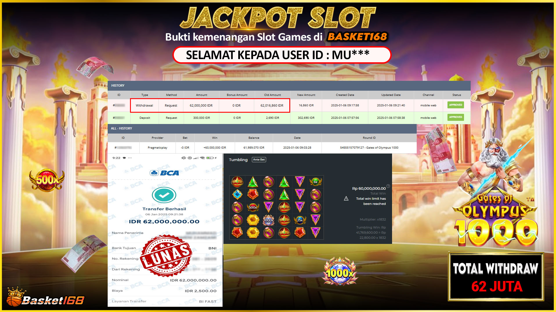 BASKET168 JACKPOT SLOT GATES OF OLYMPUS 1000 Rp.62.000.000,- LUNAS