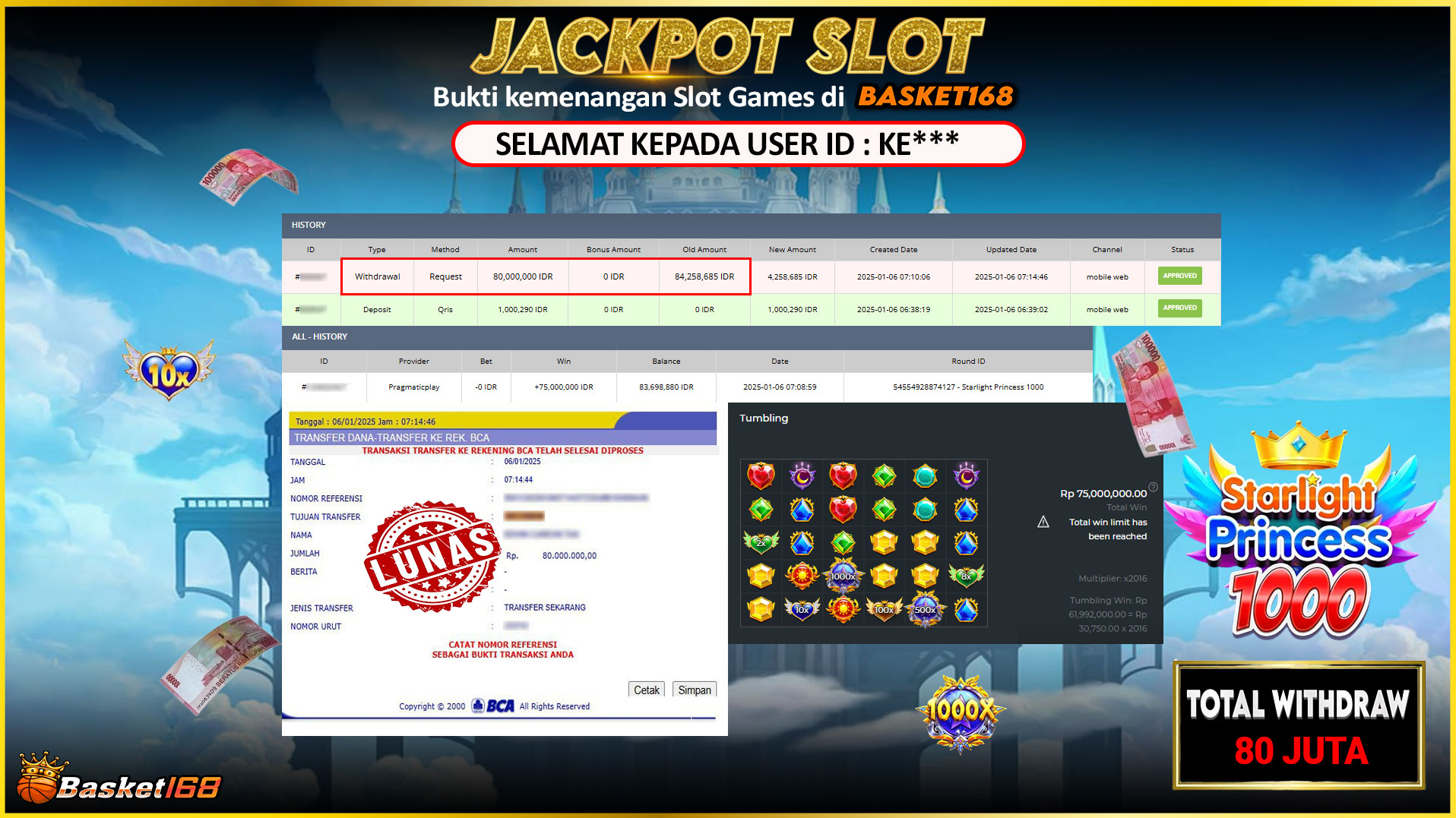 BASKET168 JACKPOT SLOT STARLIGHT PRINCESS 1000 Rp.80.000.000,- LUNAS