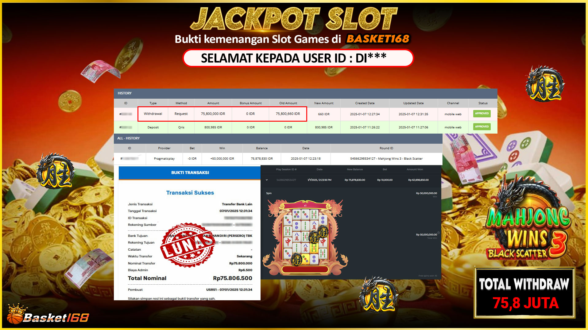 BASKET168 JACKPOT SLOT MAHJONG WINS 3 BLACK SCATTER Rp.75.800.000,- LUNAS