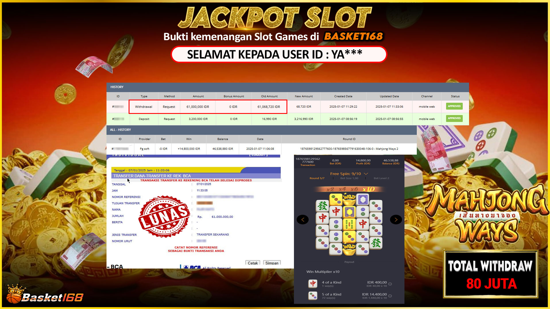 BASKET168 JACKPOT SLOT MAHJONG WAYS Rp.61.000.000,- LUNAS
