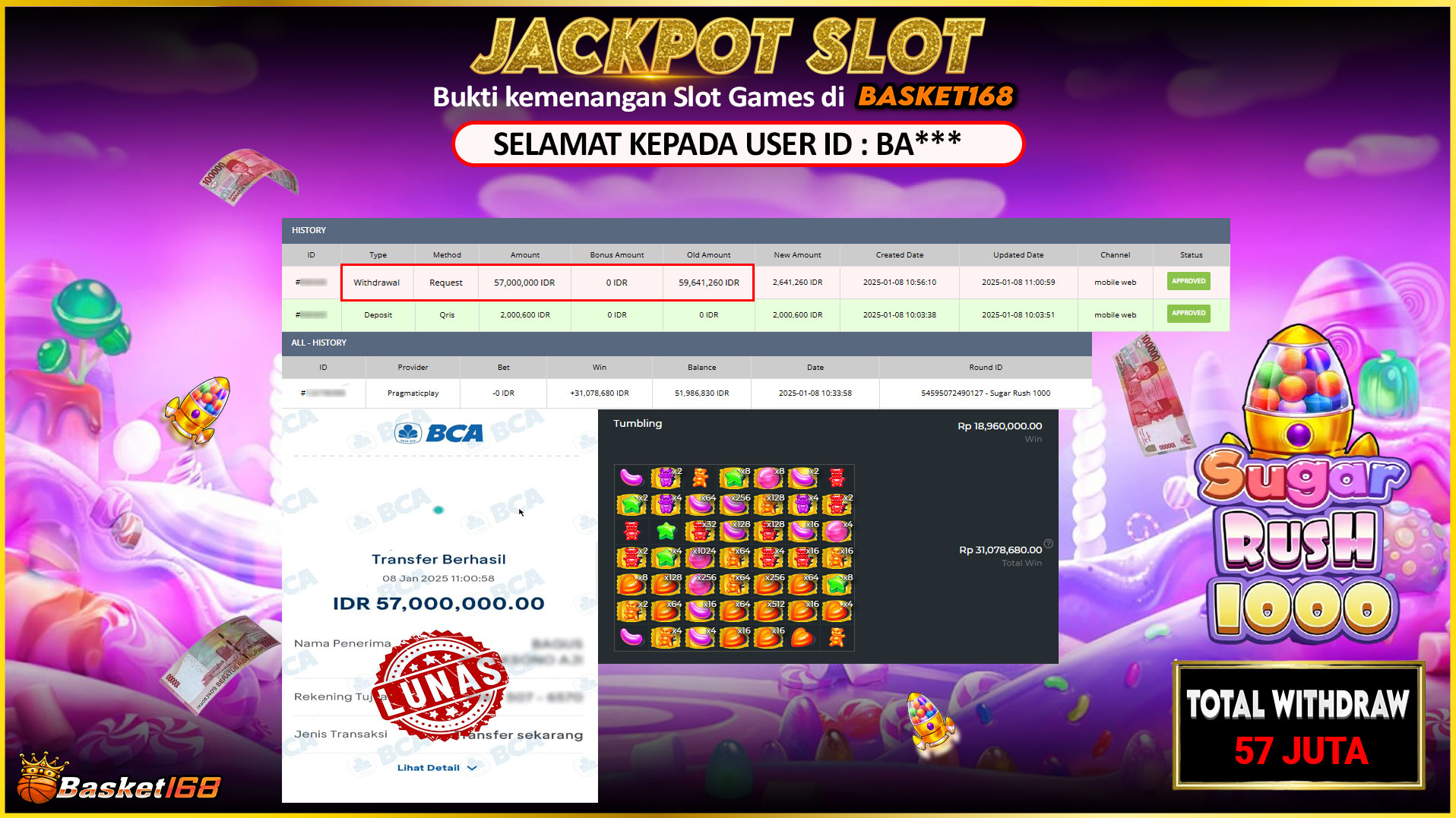 BASKET168 JACKPOT SLOT SUGAR RUSH 1000 Rp.57.000.000,- LUNAS