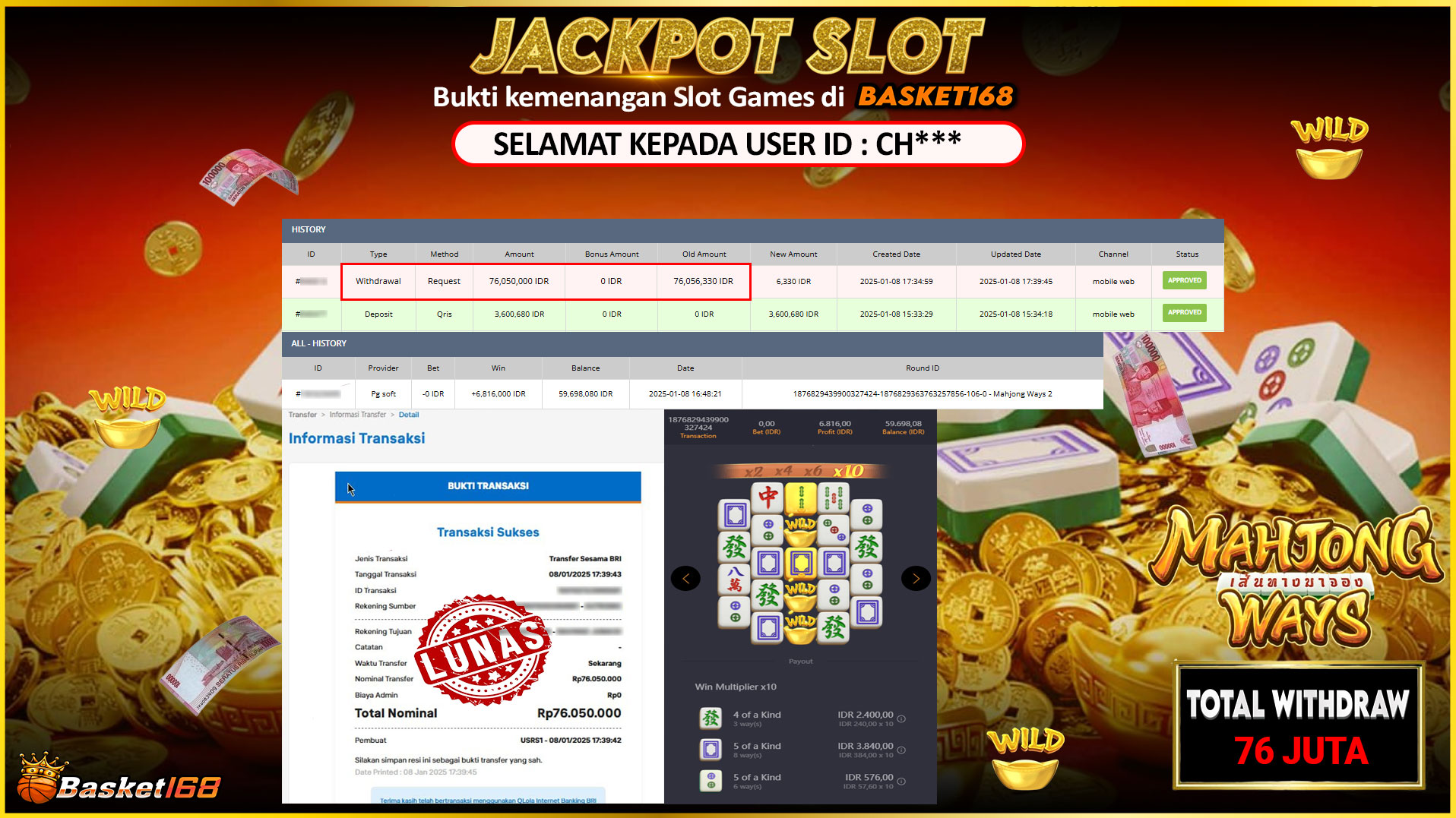 BASKET168 JACKPOT SLOT MAHJONG WAYS Rp.76.050.000,- LUNAS