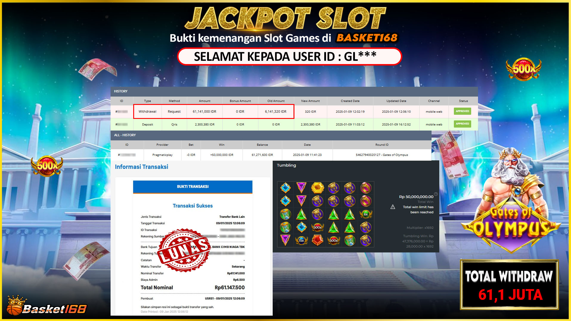 BASKET168 JACKPOT SLOT GATES OF OLYMPUS Rp.61.141.000,- LUNAS