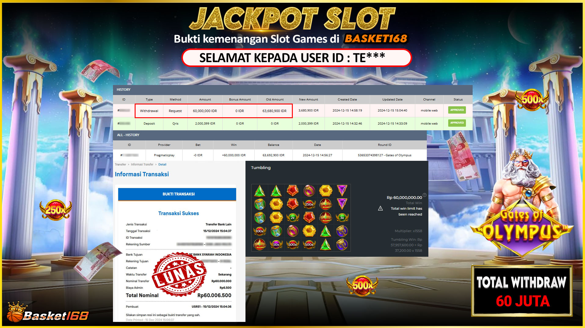 BASKET168 JACKPOT SLOT GATES OF OLYMPUS Rp.60.000.000,- LUNAS