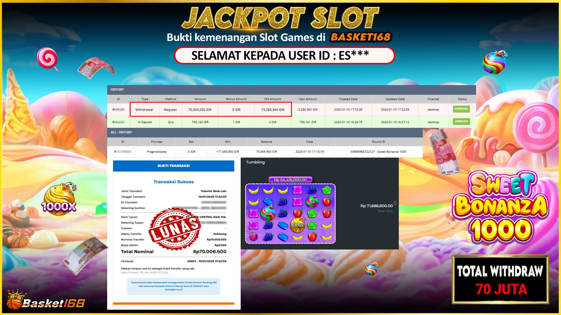 BASKET168 JACKPOT SLOT SWEET BONANZA 1000 Rp.70.000.000,- LUNAS