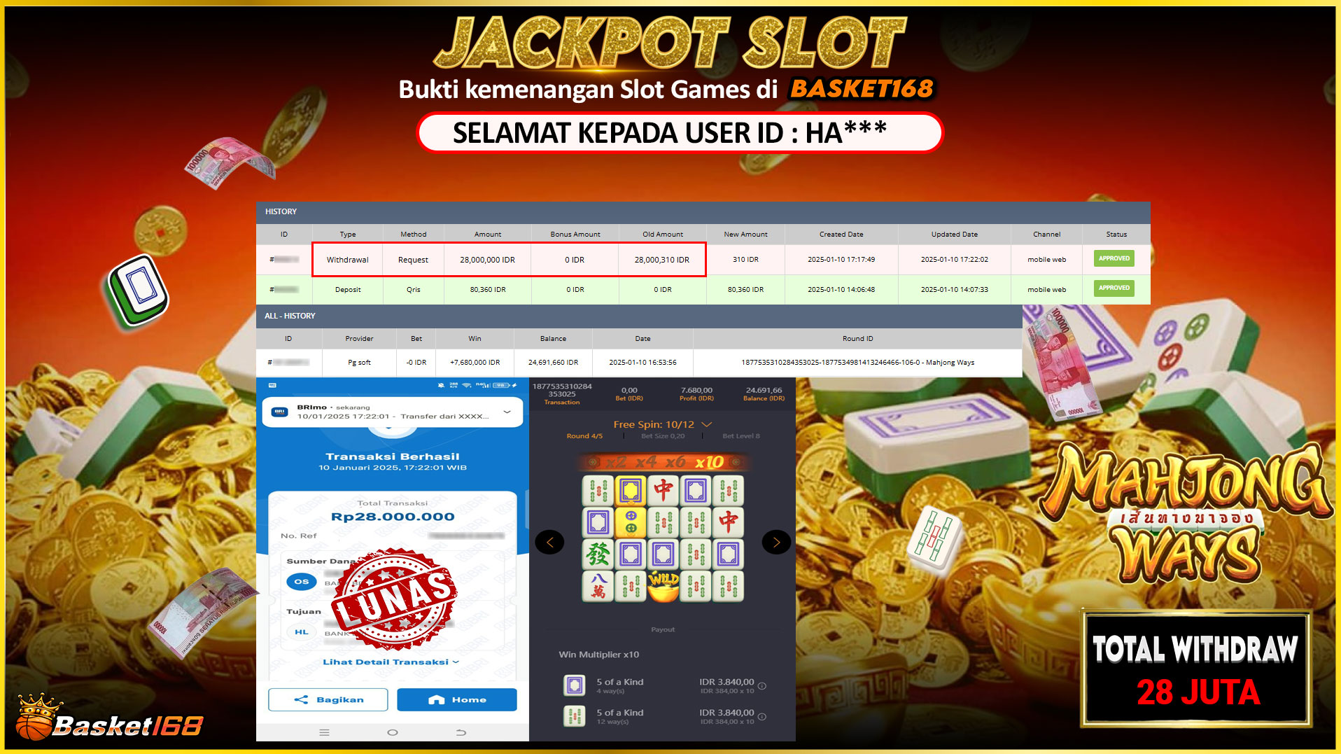 BASKET168 JACKPOT SLOT MAHJONG WAYS Rp.28.000.000,- LUNAS