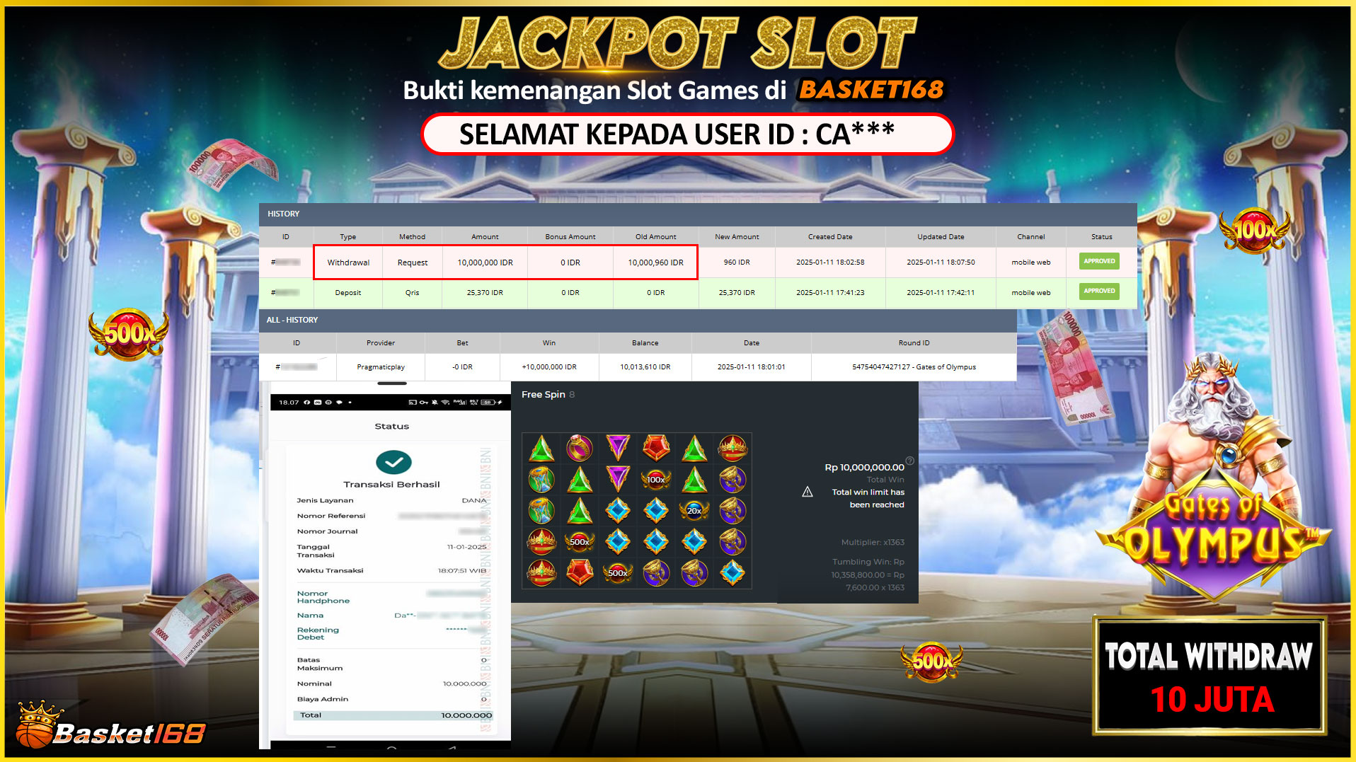 BASKET168 JACKPOT SLOT GATES OF OLYMPUS Rp.10.000.000,- LUNAS