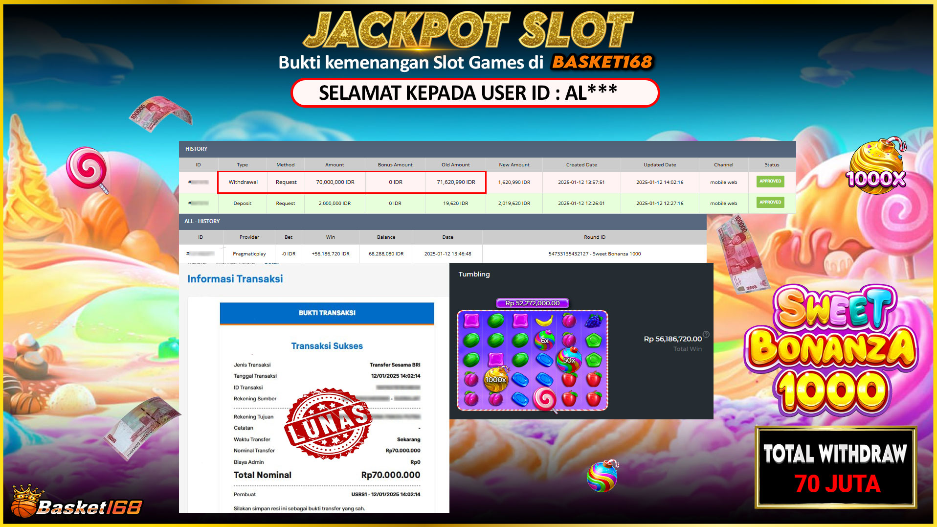 BASKET168 JACKPOT SLOT SWEET BONANZA 1000 Rp.70.000.000,- LUNAS