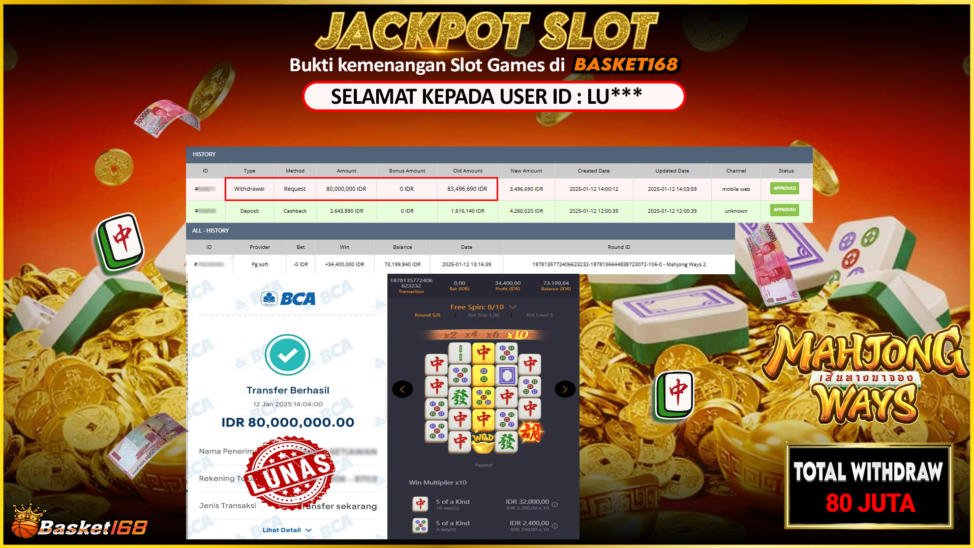 BASKET168 JACKPOT SLOT MAHJONG WAYS Rp.80.000.000,- LUNAS