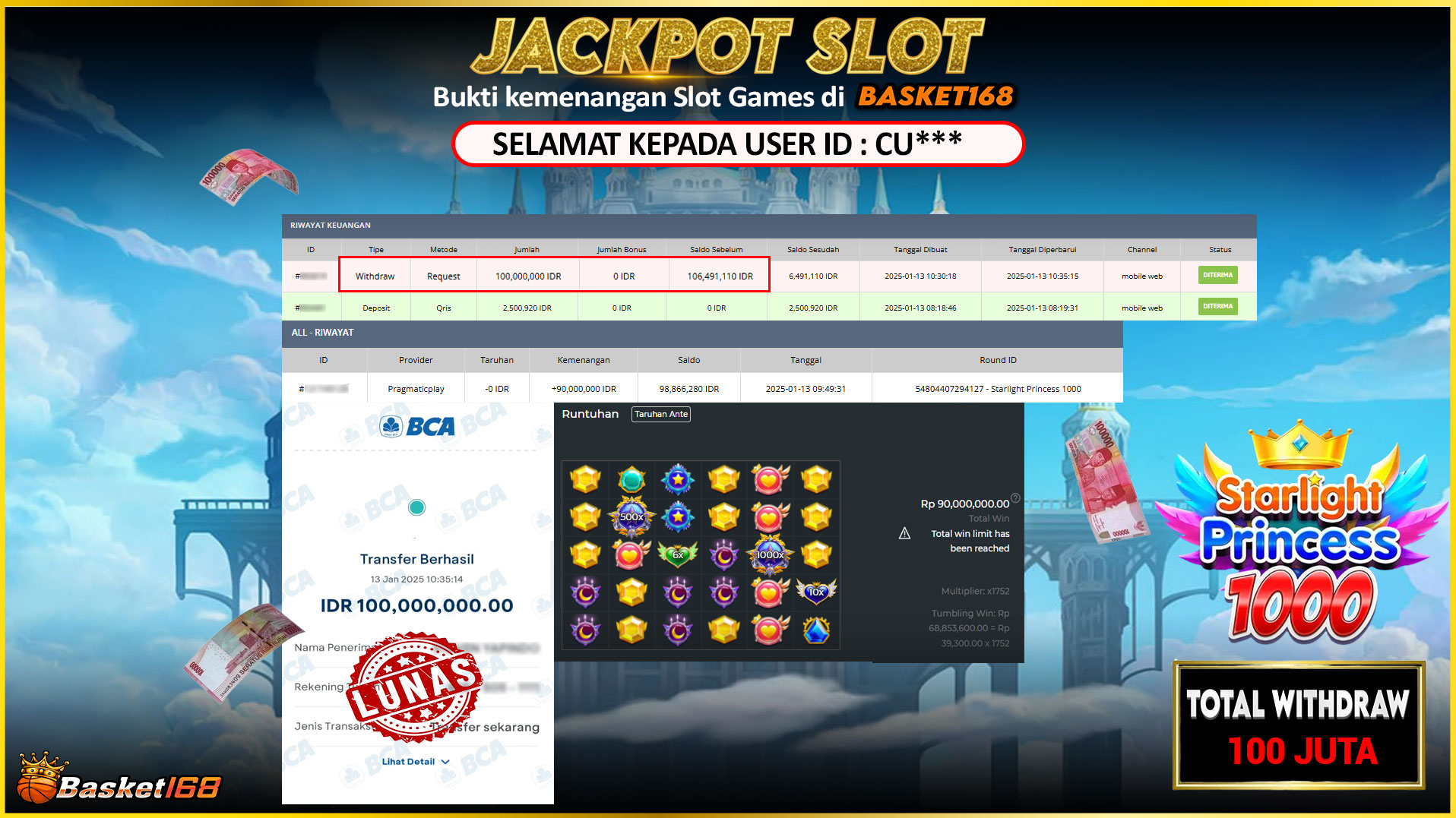 BASKET168 JACKPOT SLOT STARLIGHT PRINCESS 1000 Rp.100.000.000,- LUNAS