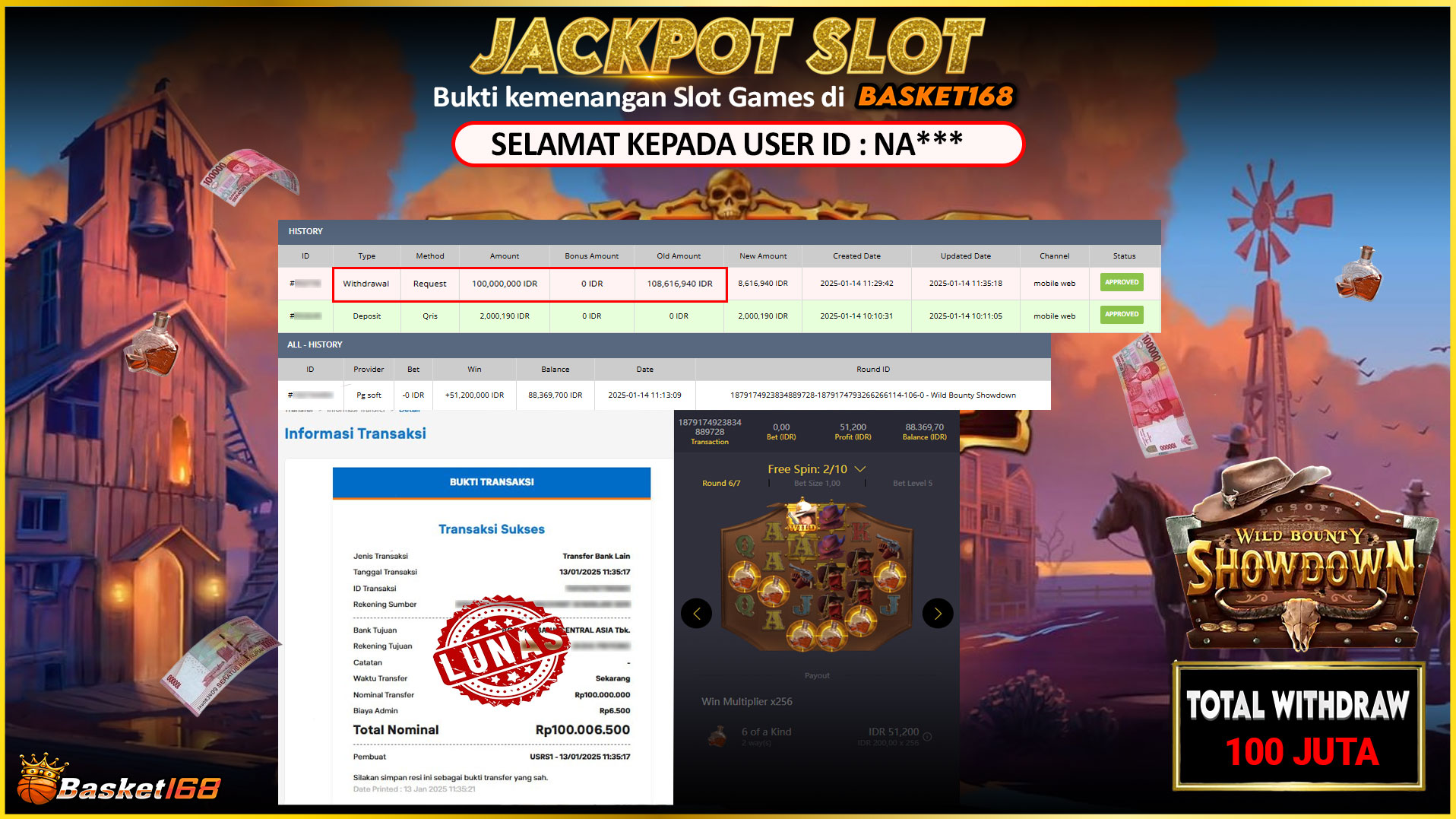 BASKET168 JACKPOT SLOT WILD BOUNTY SHOWDOWN Rp.100.000.000,- LUNAS